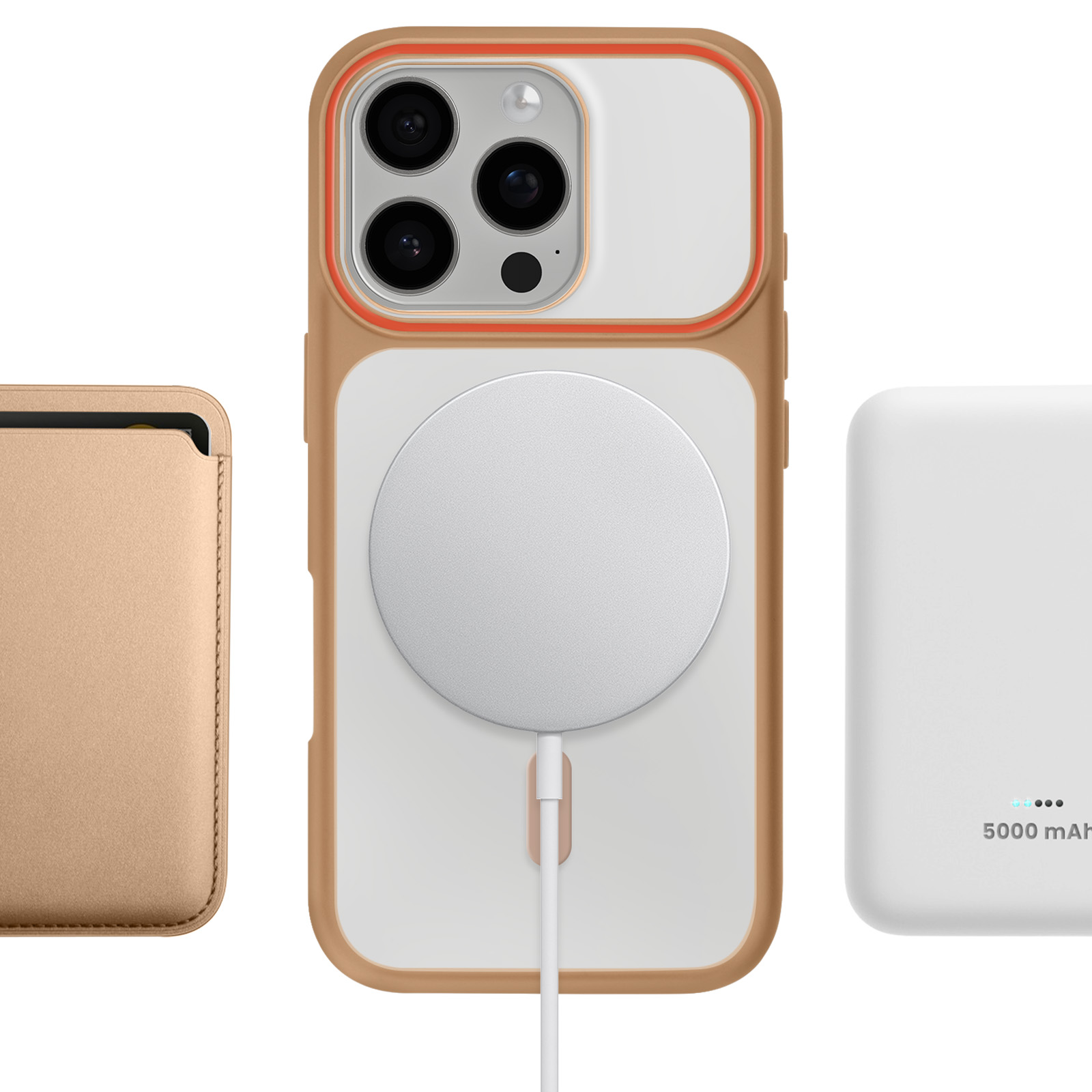 Gouden iPhone hoesje met MagSafe oplader, leren kaarthouder en witte powerbank.