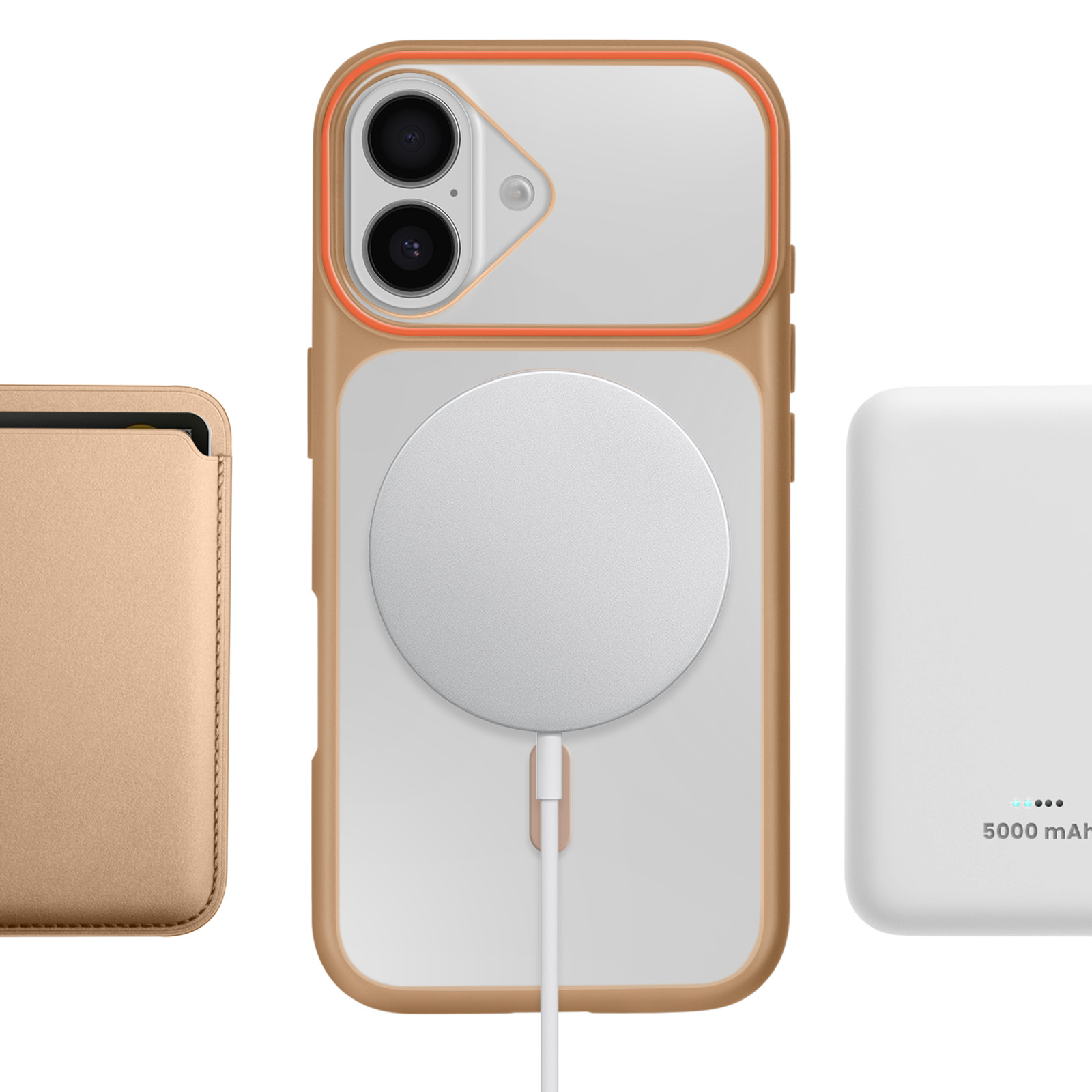 Una custodia tan per iPhone con MagSafe, un porta carte dorato e un power bank bianco.