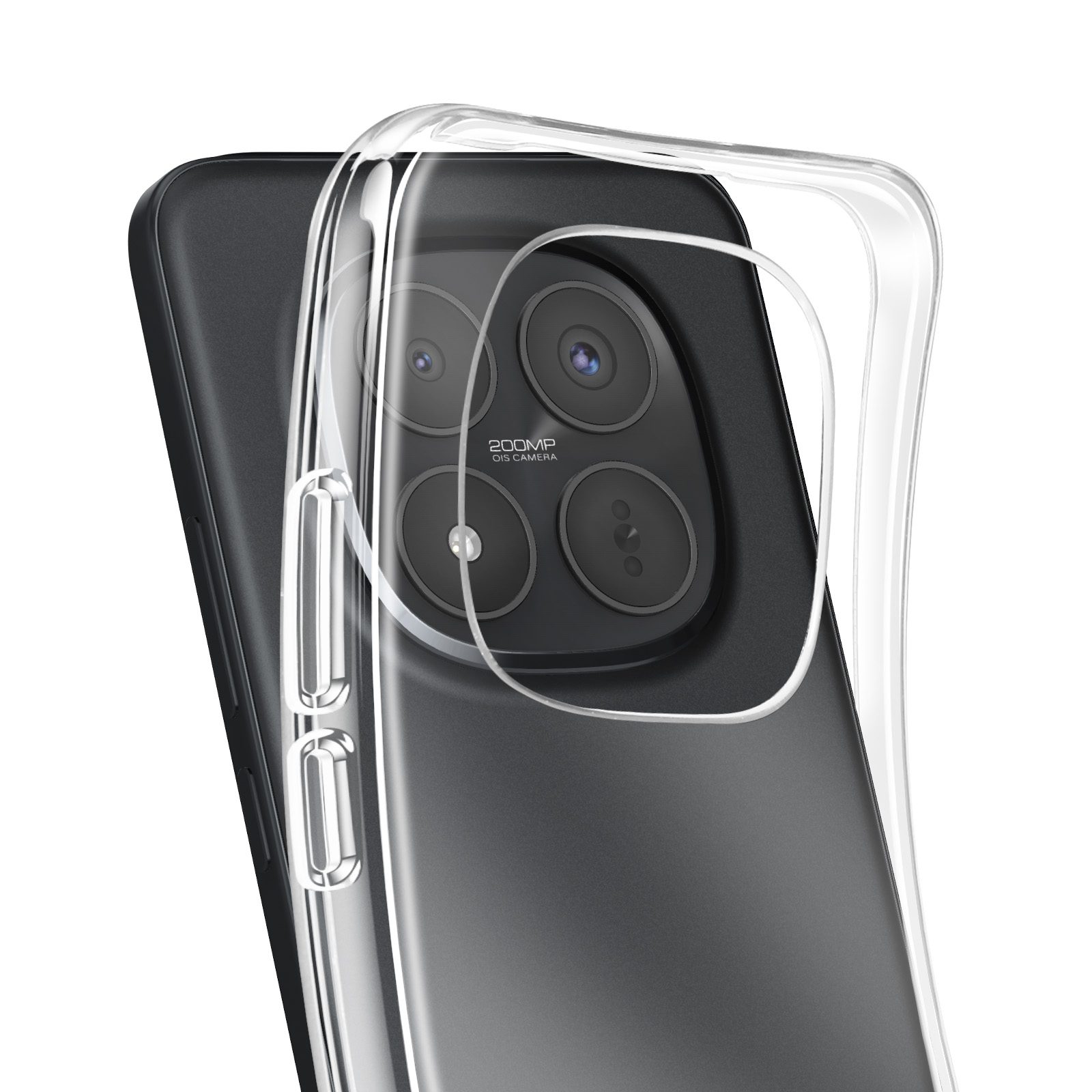 Doorzichtige hoes over donkere smartphone met vier camera's.