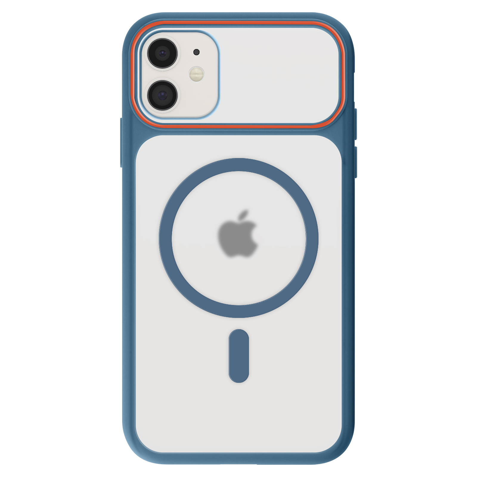 Coque de téléphone bleue avec dos transparent, zone caméra et anneau magnétique.