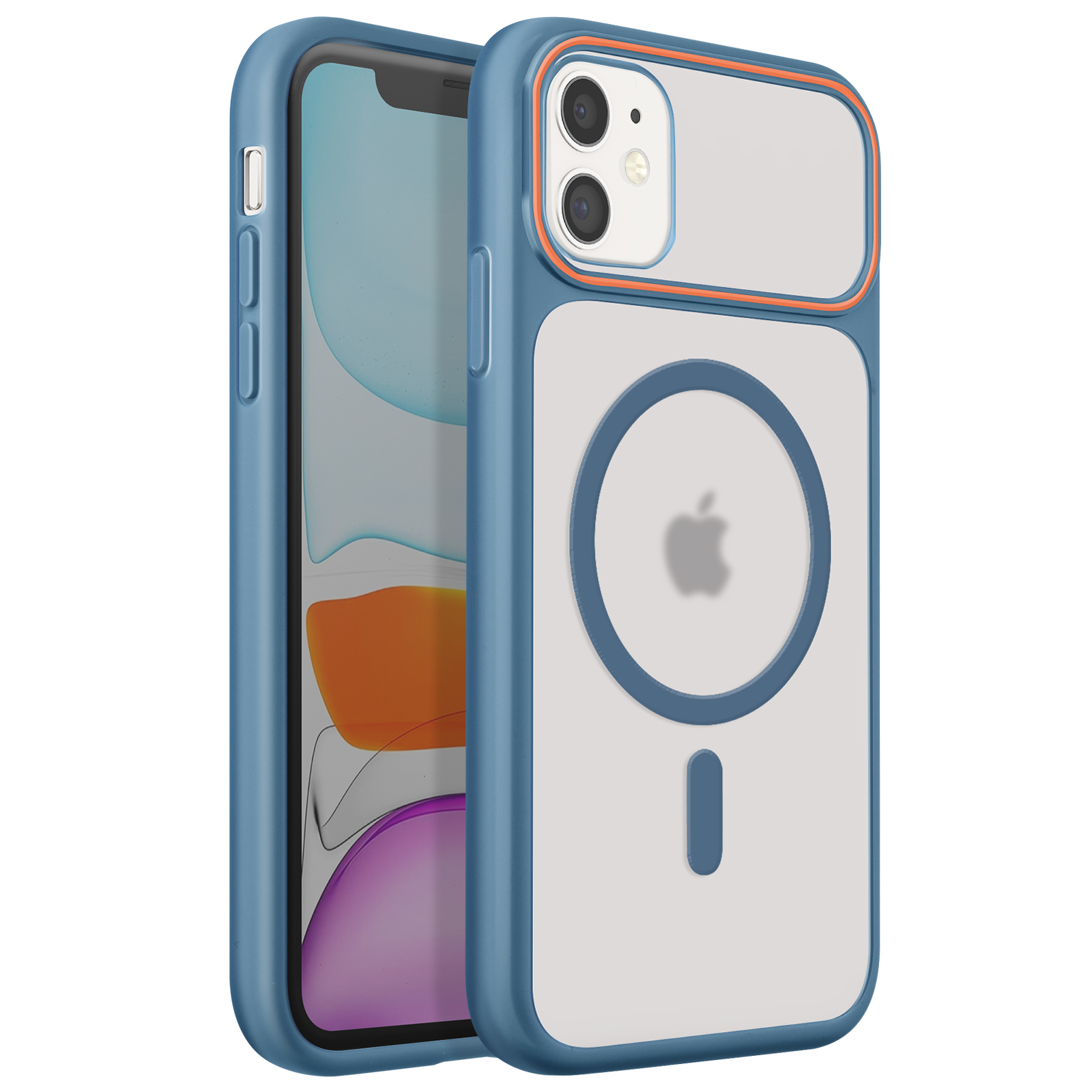Une coque bleue pour iPhone avec des accents orange et un logo Apple.