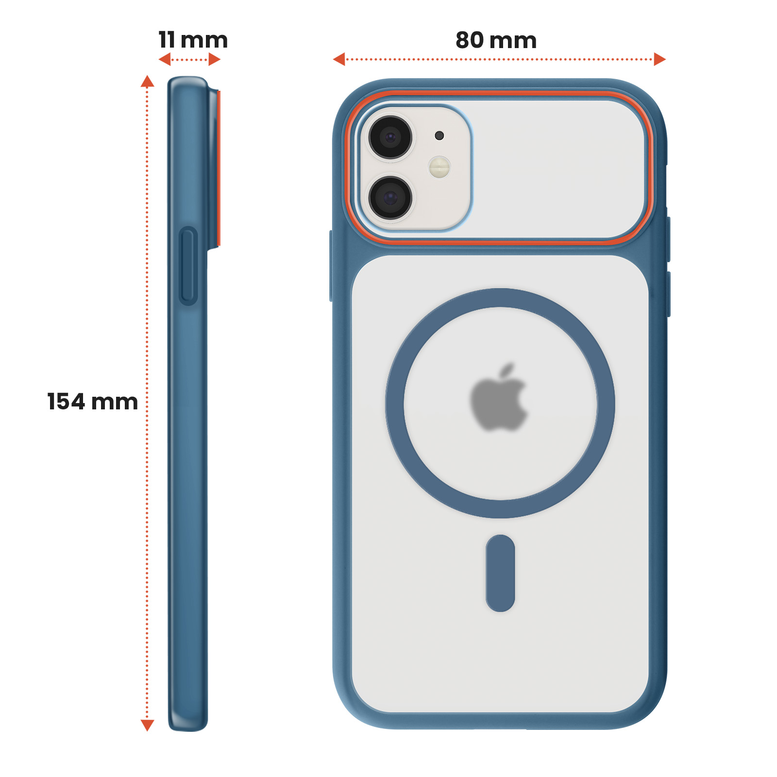 Coque de téléphone bleue, dimensions 154x80x11mm. Dos transparent avec logo Apple.