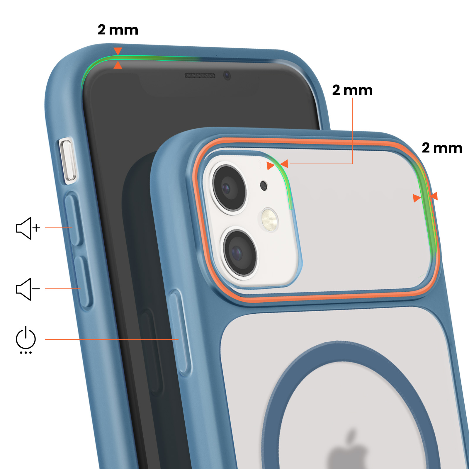 Coque de téléphone bleue montre 2mm d'épaisseur autour de la caméra et l'écran.