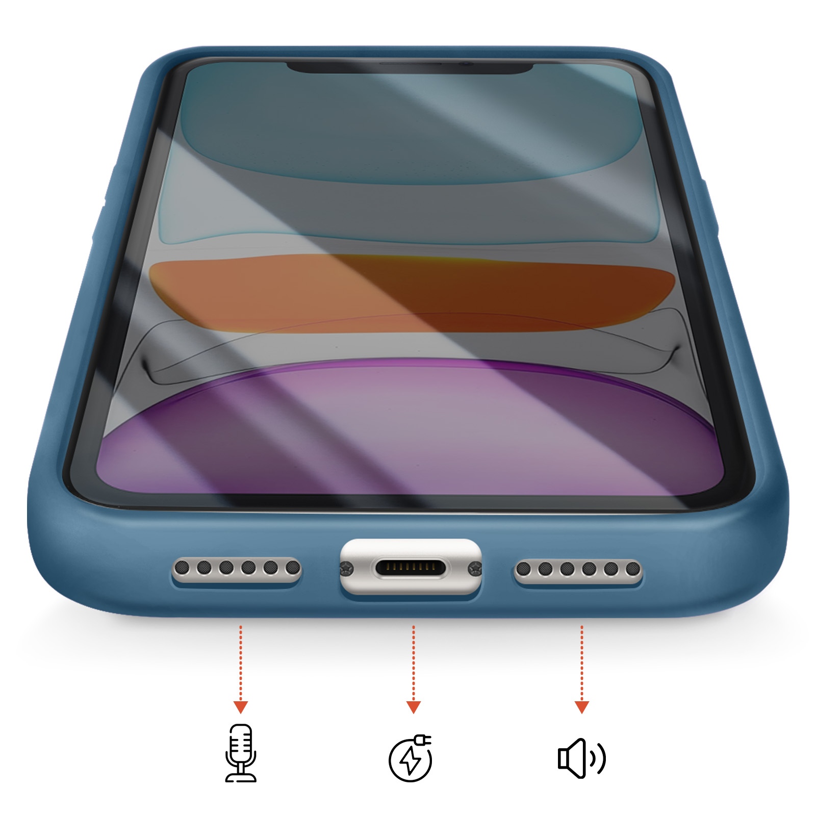 Coque de téléphone bleue avec icônes de haut-parleur, charge et micro.