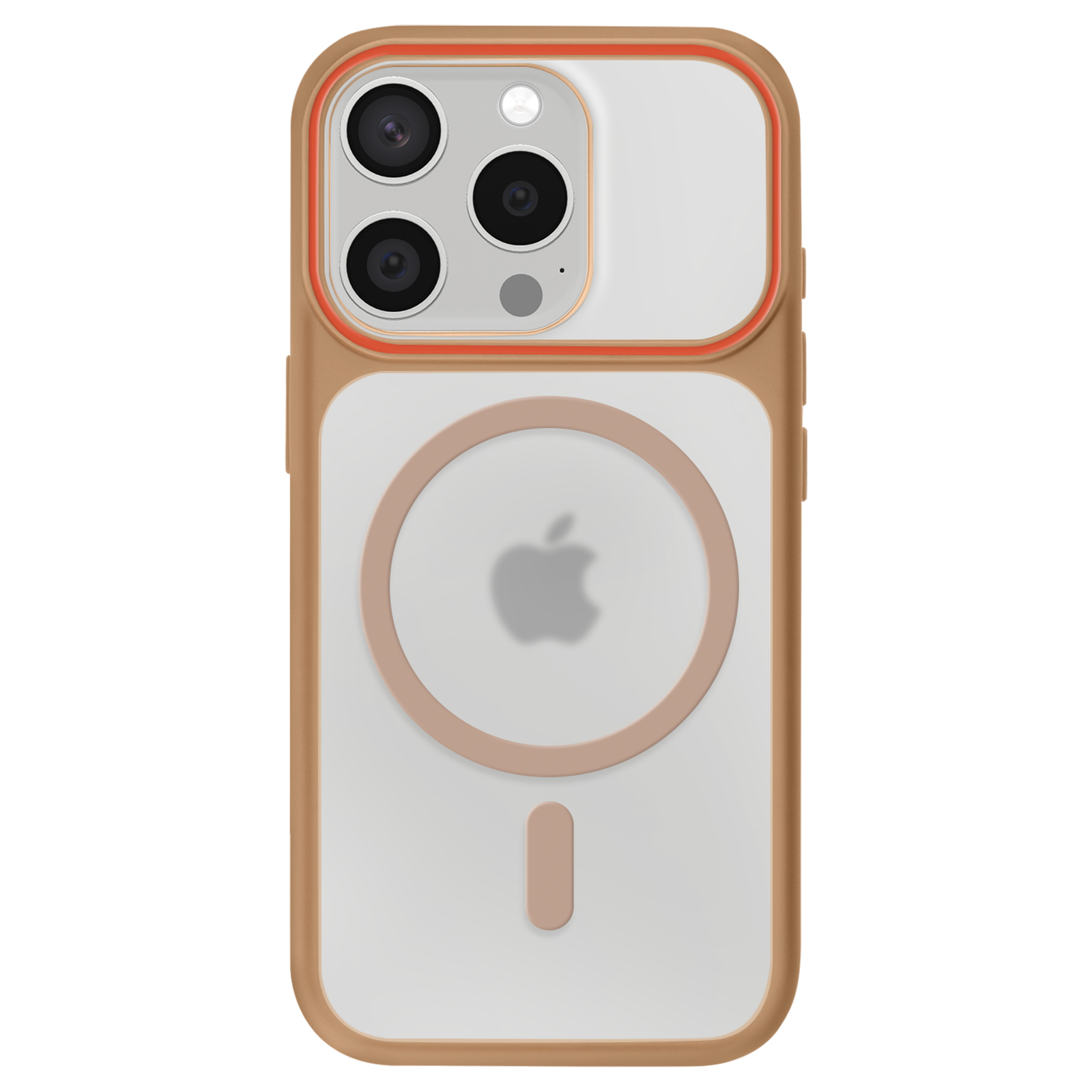 Een doorzichtige iPhone case met een bruine rand en camera-uitsparing.