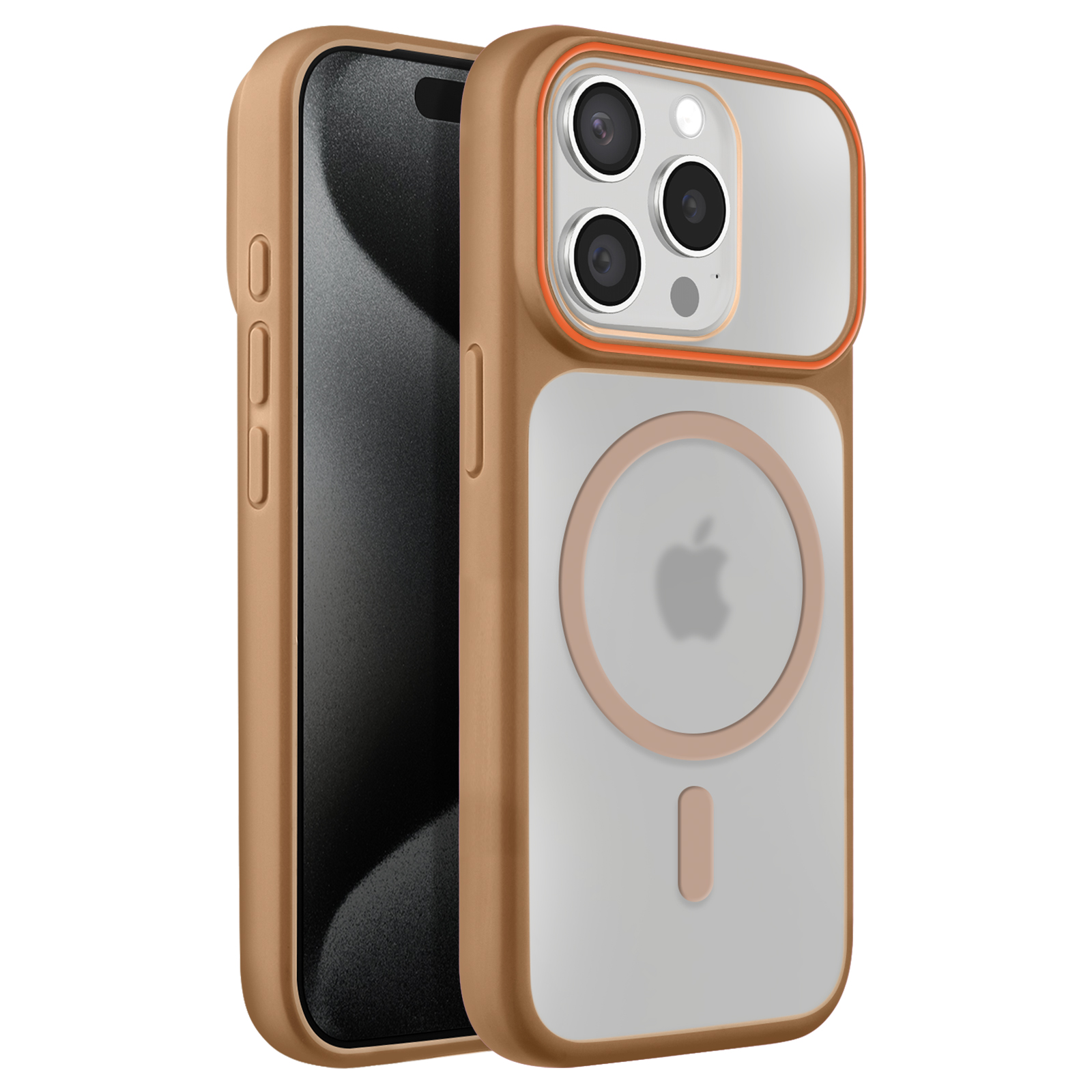 Een bruin iPhone-hoesje met een doorzichtige achterkant en MagSafe-ring.