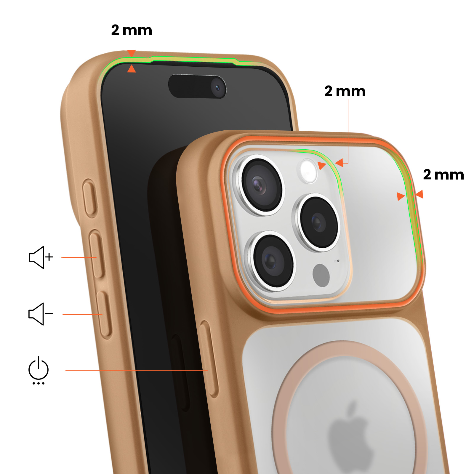 Een bruine telefoonhoes met 2 mm randen ter bescherming, met knoppen.