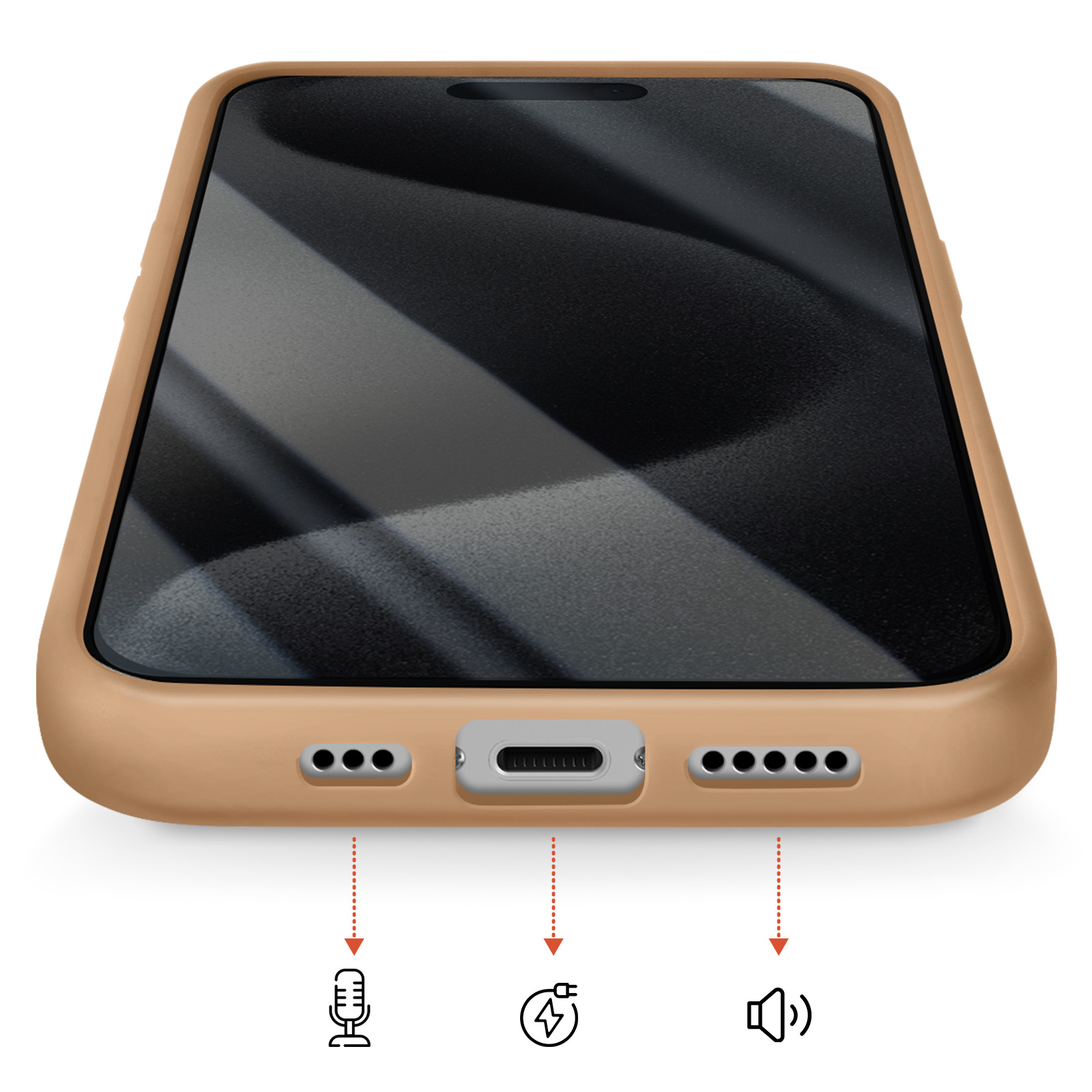 Een bruin telefoonhoesje met oplaadpoort, microfoon en luidsprekersleuven.