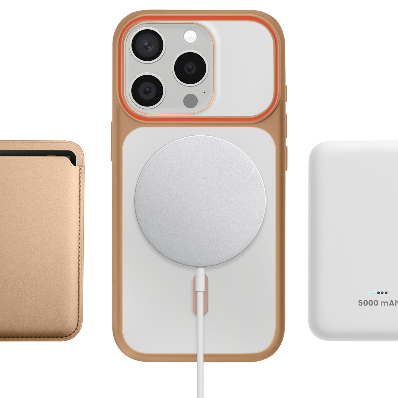 Gouden telefoonhoes met MagSafe-oplader, kaarthouder en powerbank.
