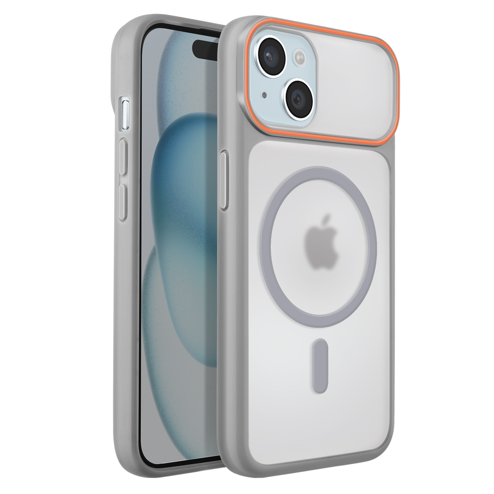 A gray iPhone case with an orange border, cameras, and Apple logo.