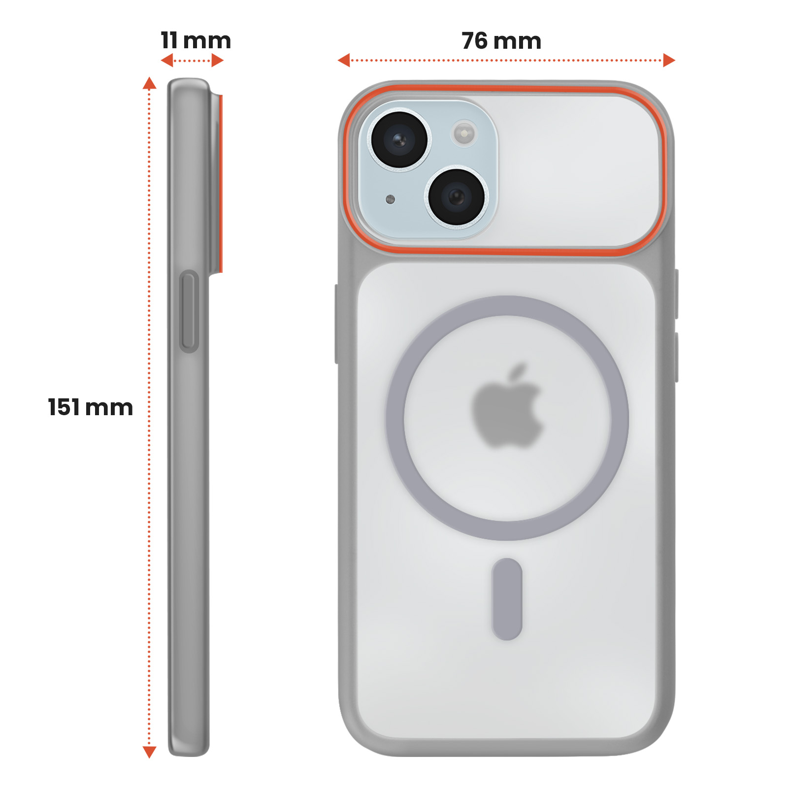 Gray phone case with mag ring, Apple logo. Dimensions 151x76x11mm.