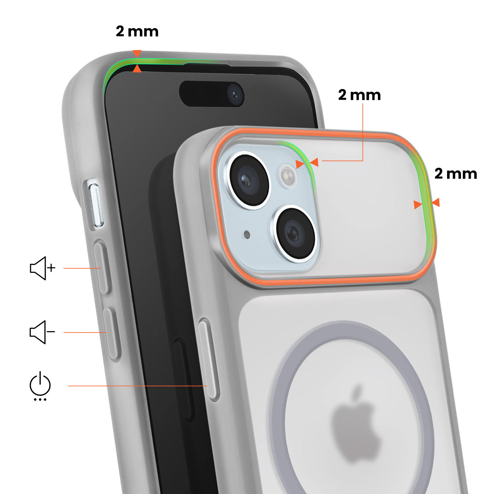 Gray phone case with camera cutout and 2mm raised edges.