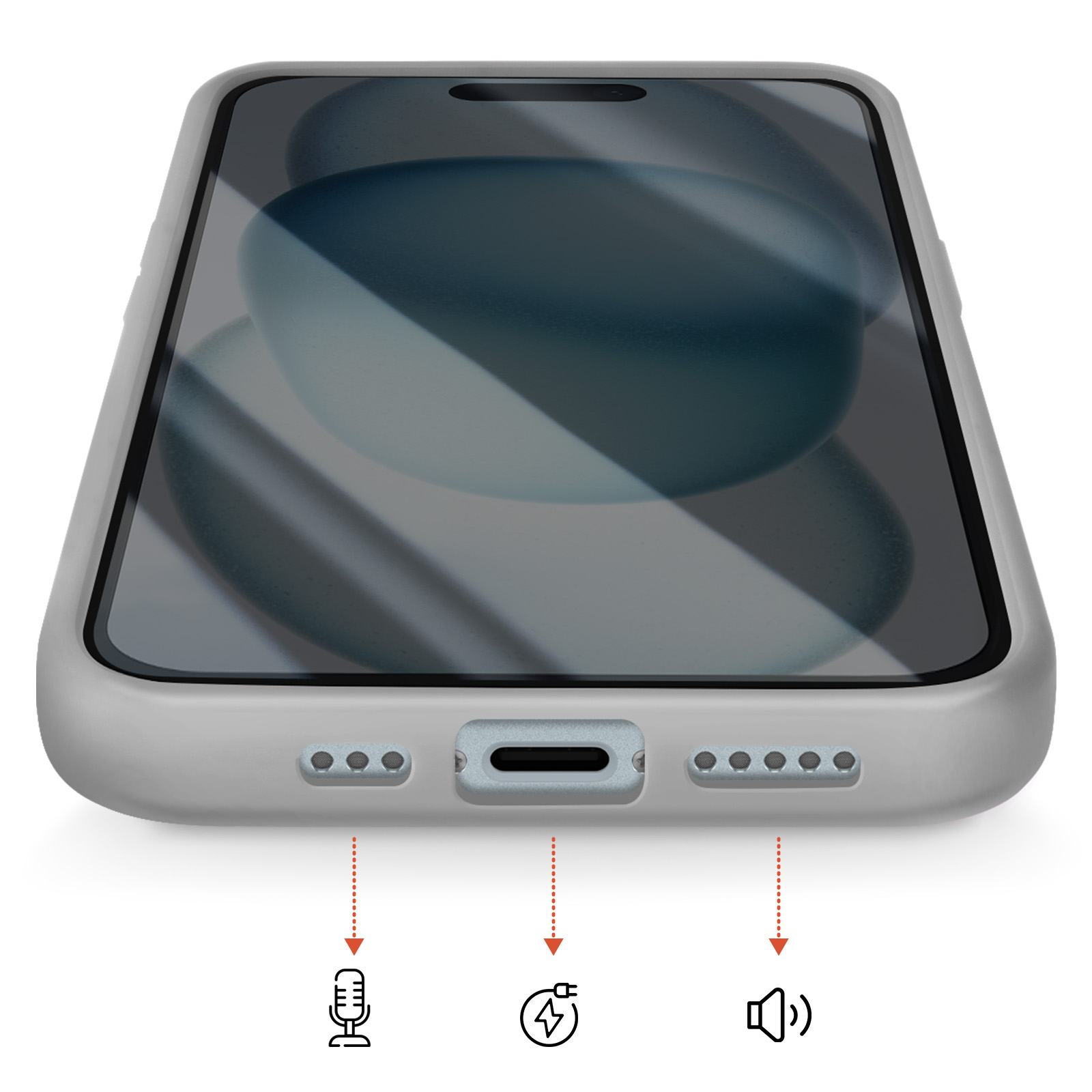 A gray phone showing charging port, microphone, and speaker icons.