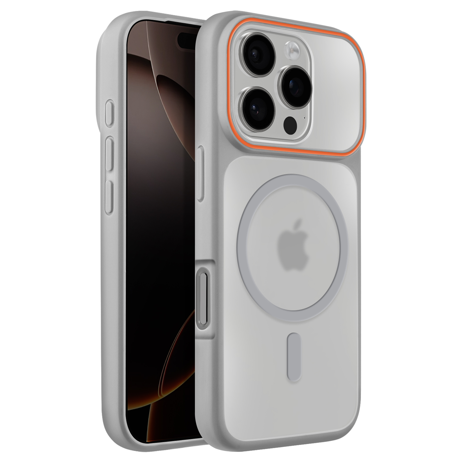Custodia grigia per iPhone con bordo arancione, isola fotocamera e logo Apple.