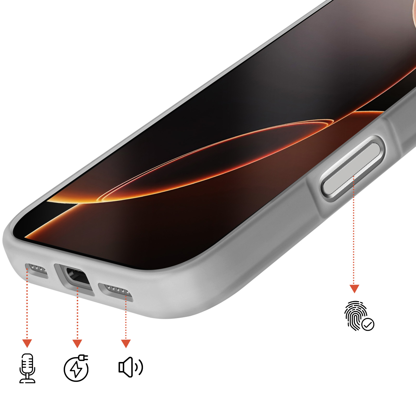 Custodia grigia per telefono con icone microfono, carica e altoparlante.