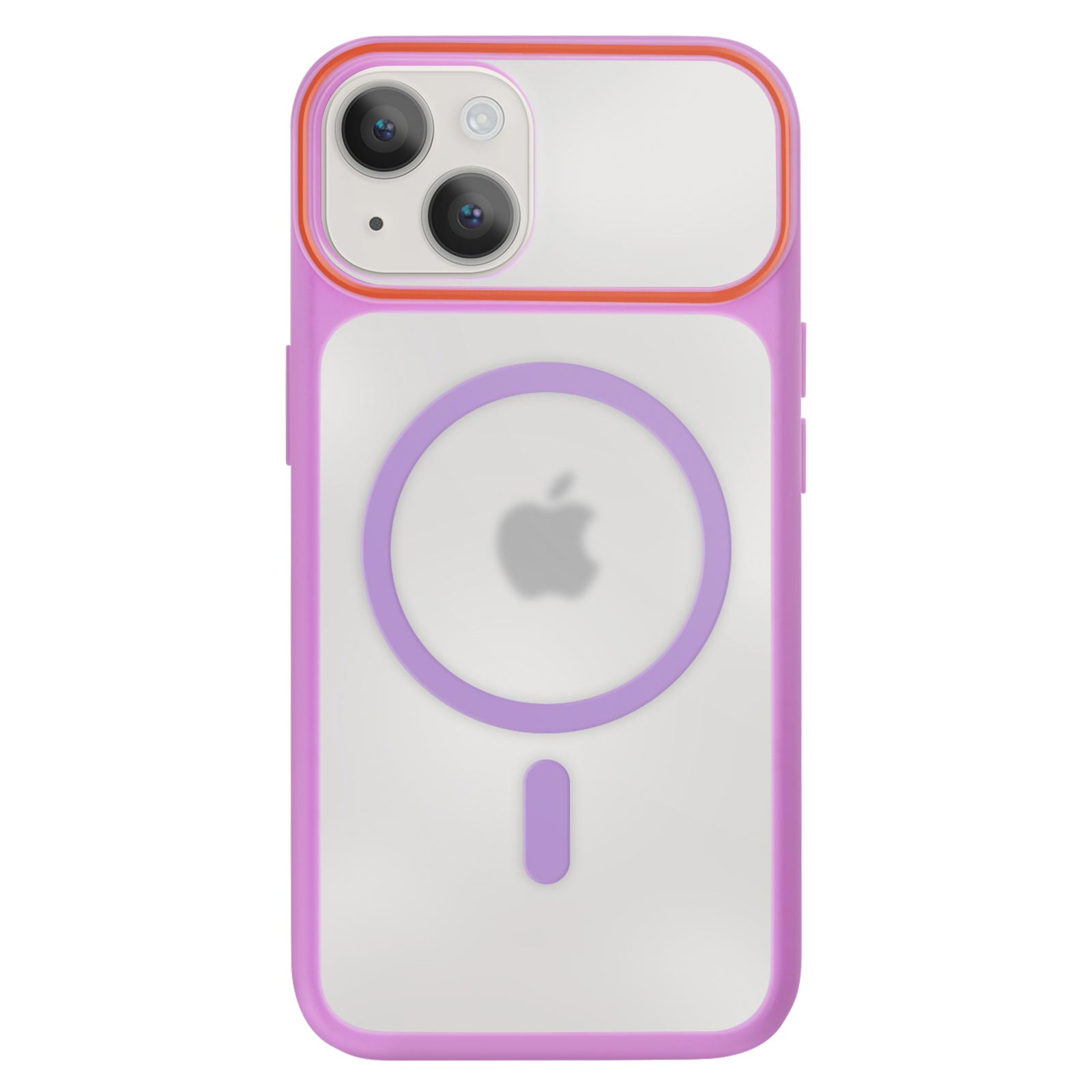 Transparante telefoonhoes met paarse en oranje accenten, met Apple-logo.