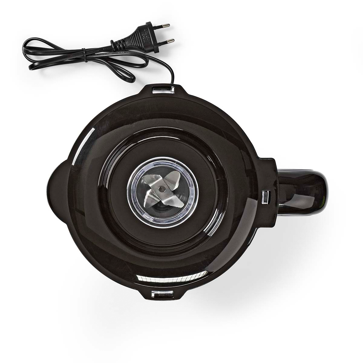 Widok z góry czarnego blendera z kablem i wtyczką, widoczne ostrza.