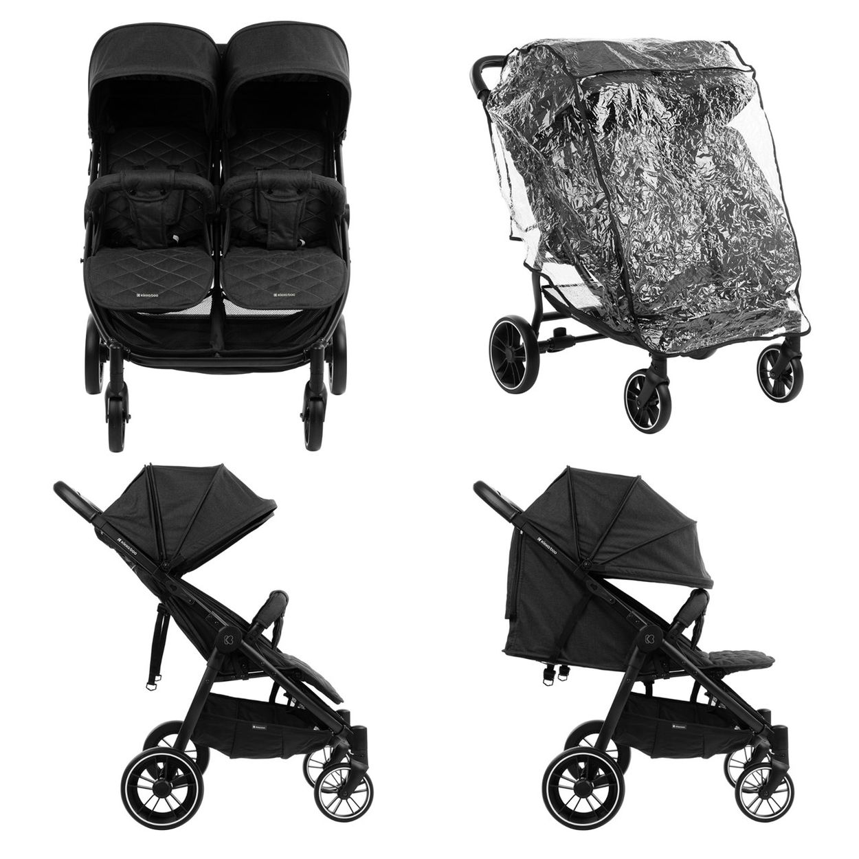 Vier schwarze Kinderwagen: zwei nebeneinander, einer mit Regenhaube, einer von der Seite.