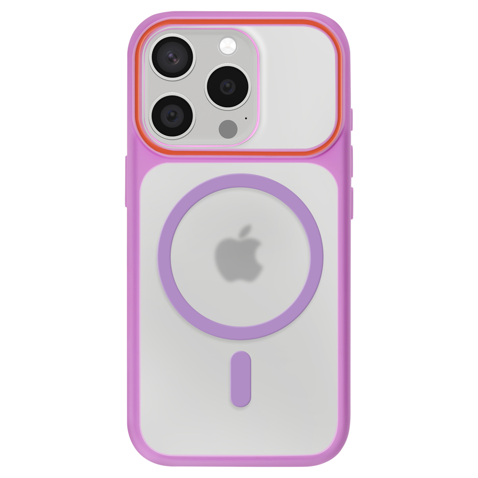 Custodia viola per iPhone con retro trasparente, anello MagSafe e tripla fotocamera.