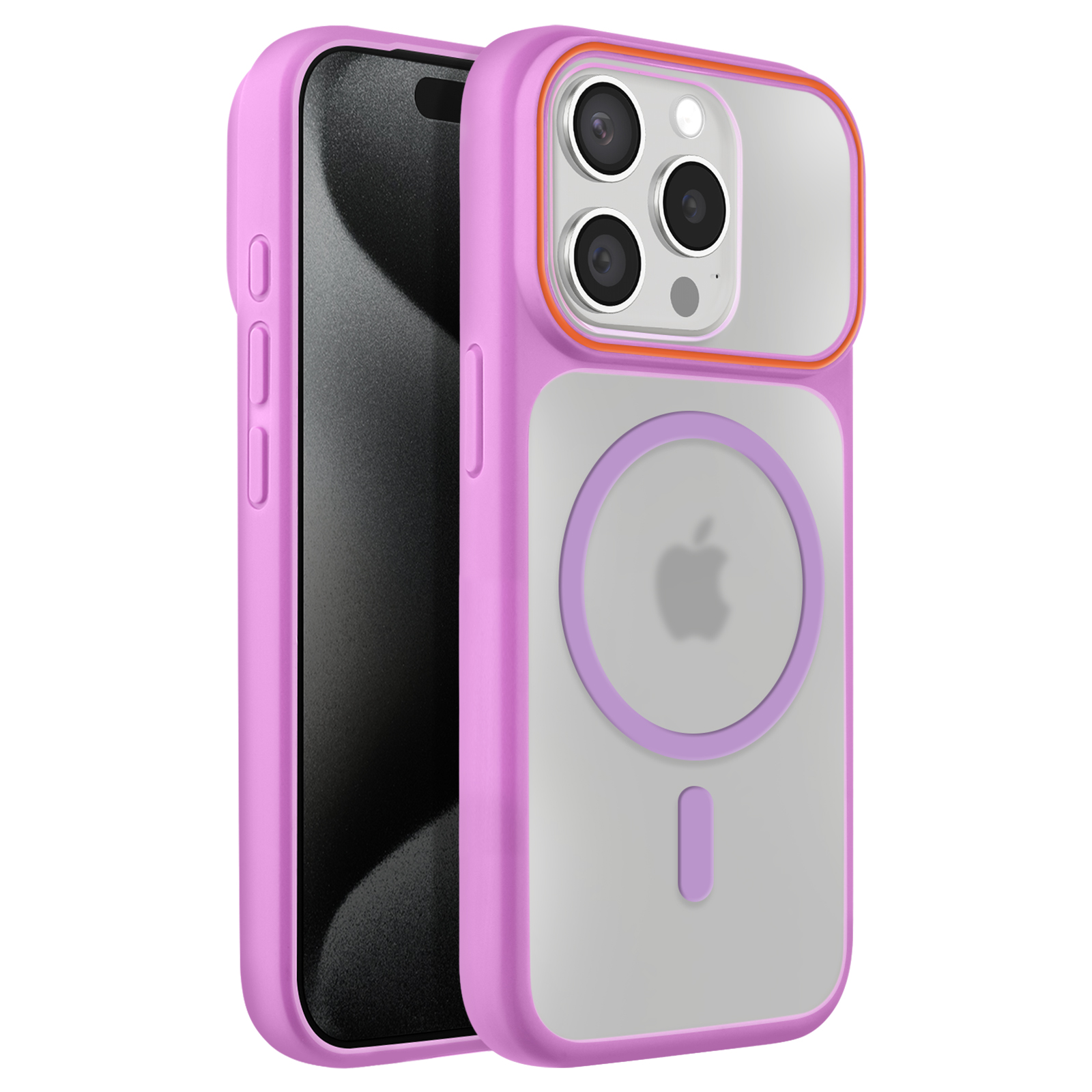 Una cover viola per iPhone con protezione trasparente per fotocamera e cerchio MagSafe.