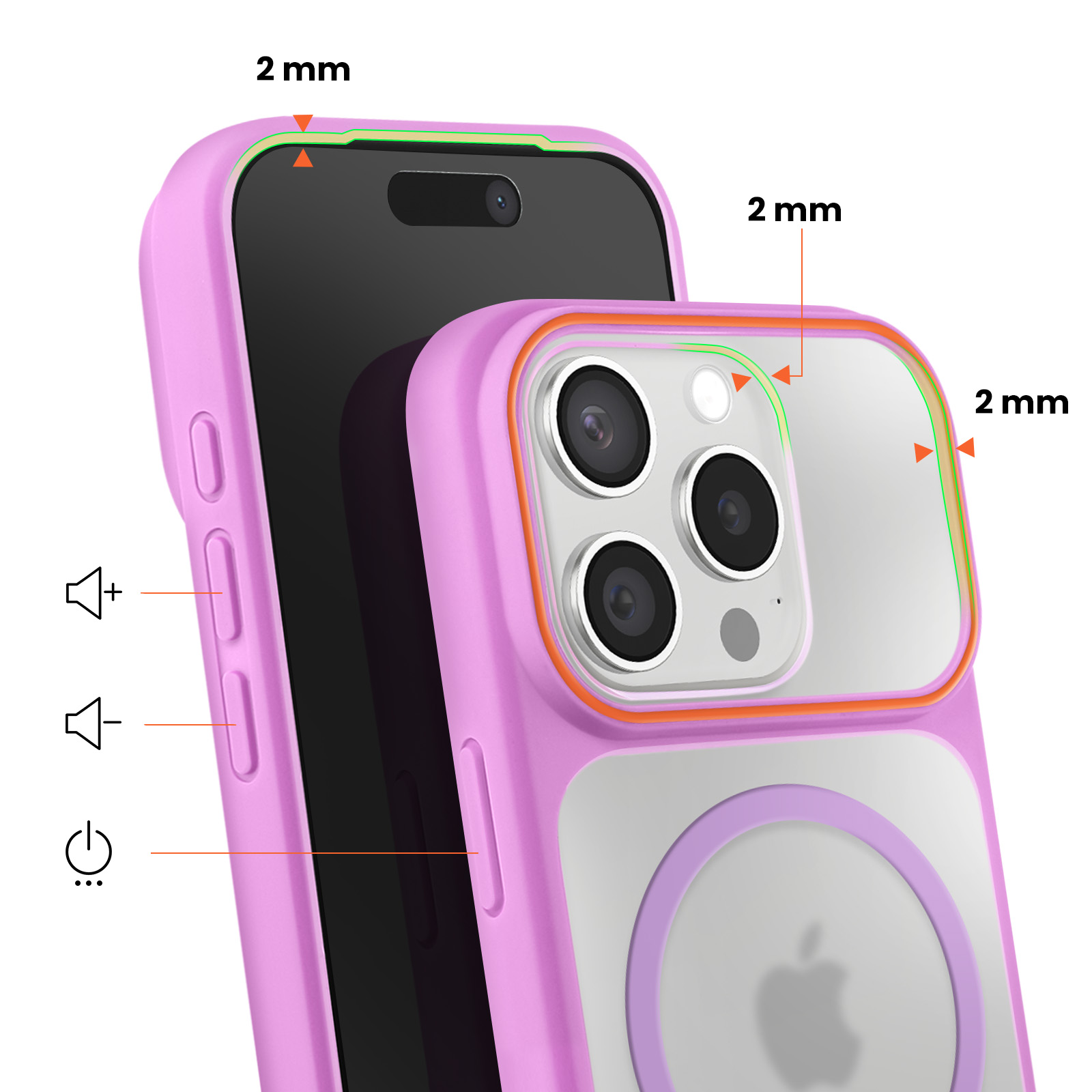 Una custodia viola per iPhone con retro trasparente e protezione da 2mm.
