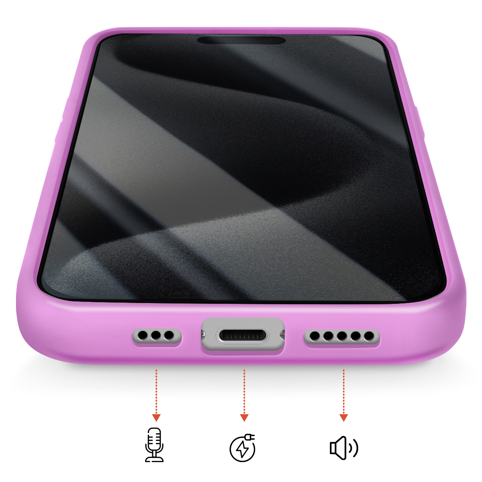 Una custodia rosa per telefono mostra la porta di ricarica, microfono e altoparlanti.
