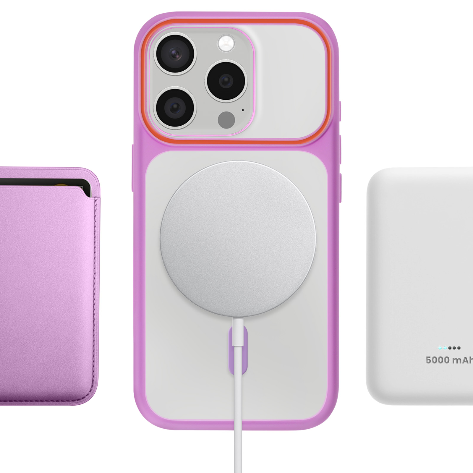 Custodia viola con fotocamere iPhone, caricatore MagSafe e power bank bianca.