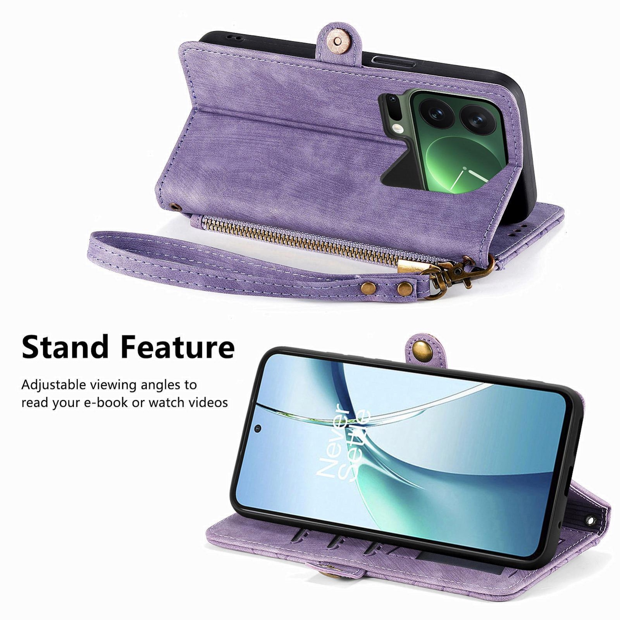 Funda morada para teléfono con función de soporte y bolsillo con cremallera.