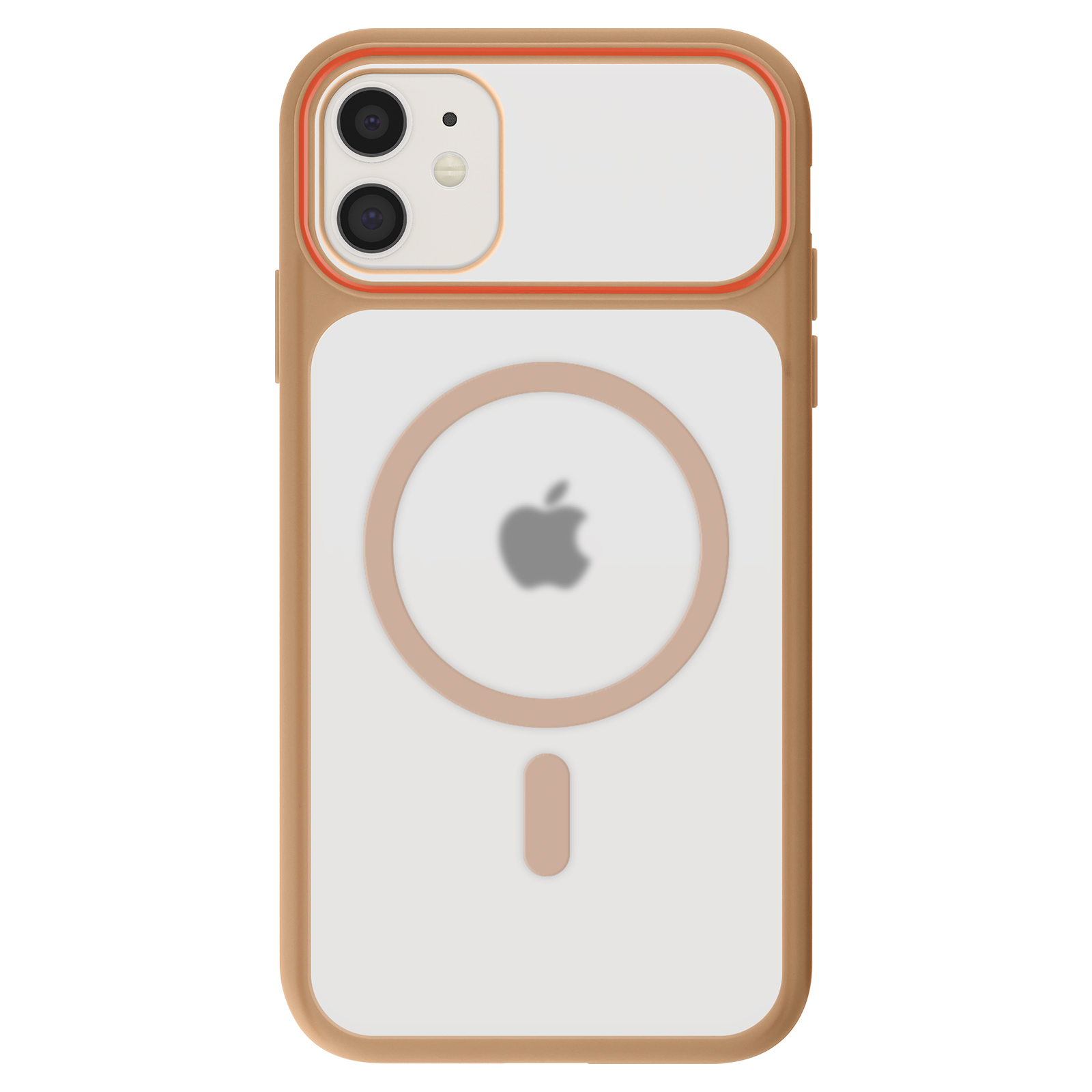 Coque transparente avec bordure marron, deux caméras et logo Apple.