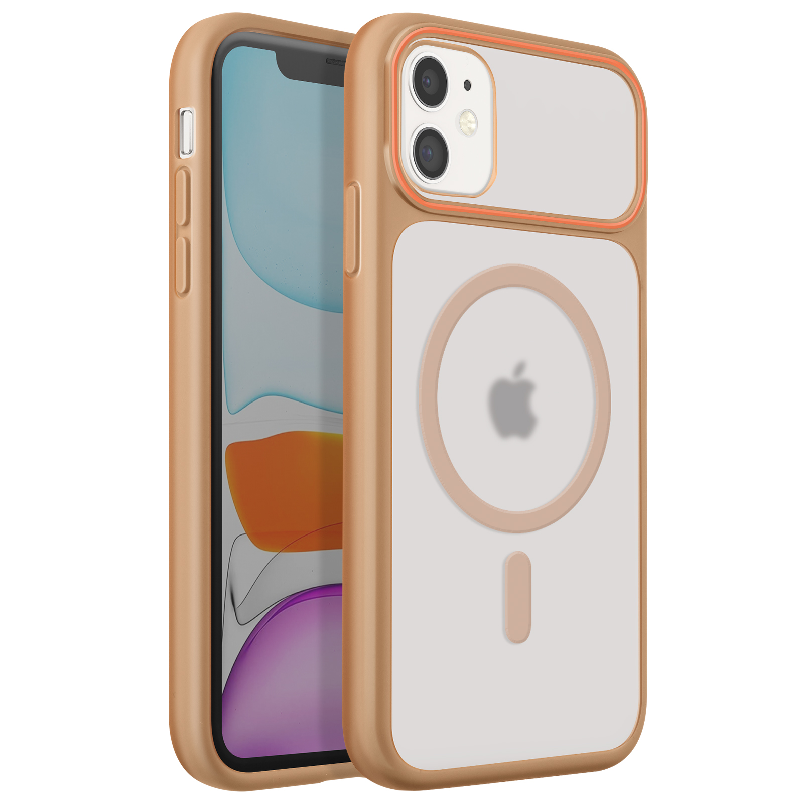 Une coque dorée pour iPhone avec dos transparent et logo Apple.