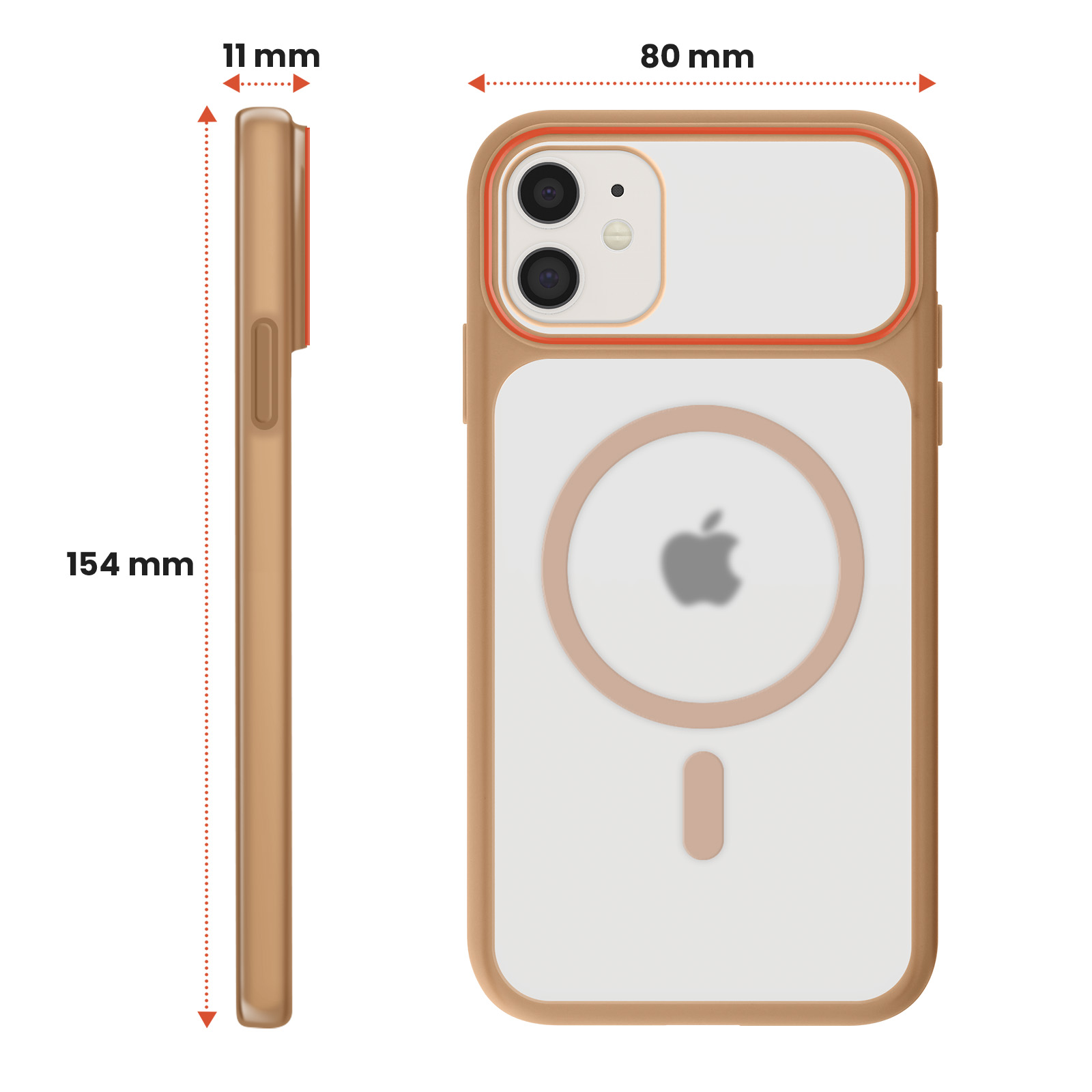 Coque dorée pour téléphone, dimensions 154x80x11mm, logo Apple.
