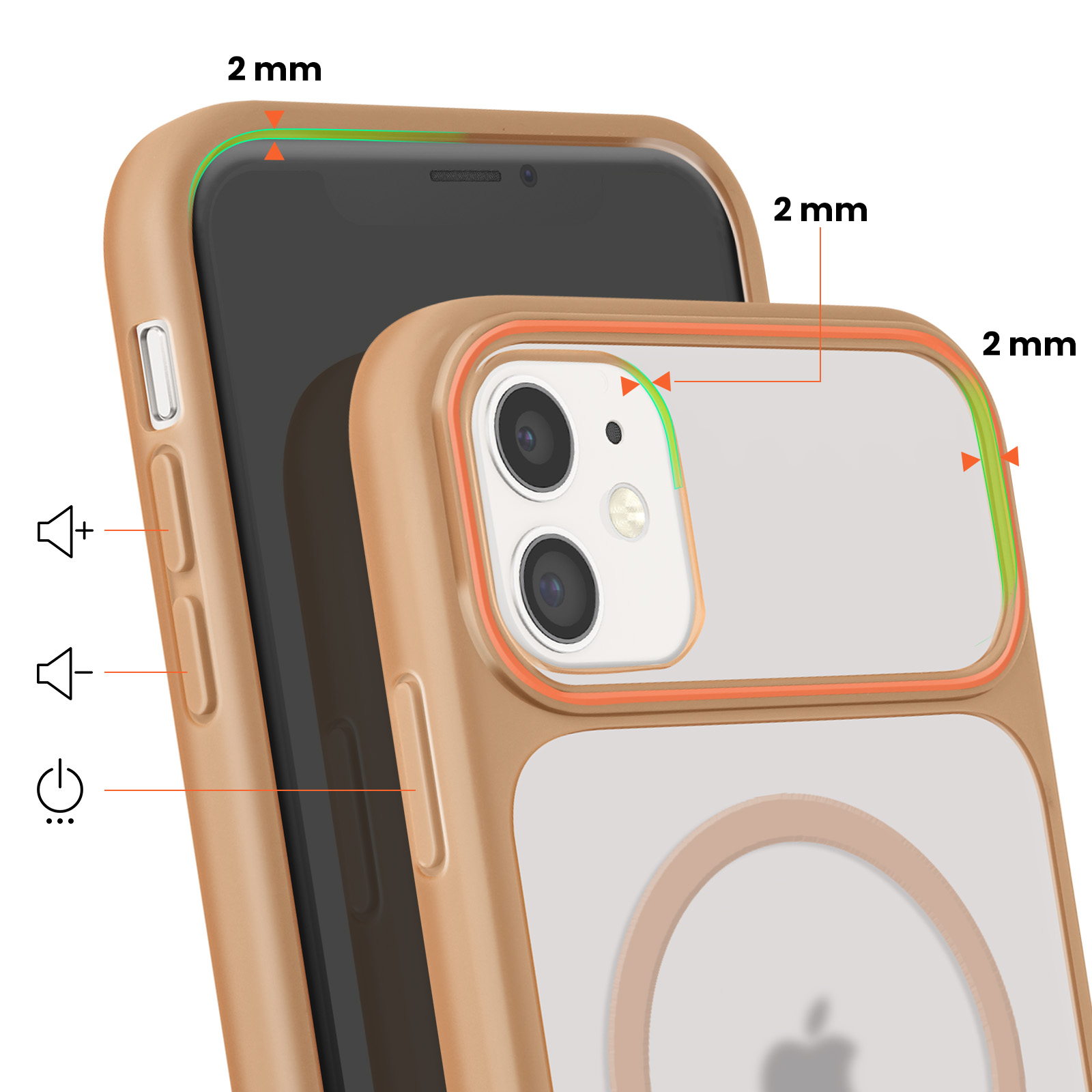 Une coque de téléphone dorée protège un smartphone. Dimensions indiquées : 2 mm.