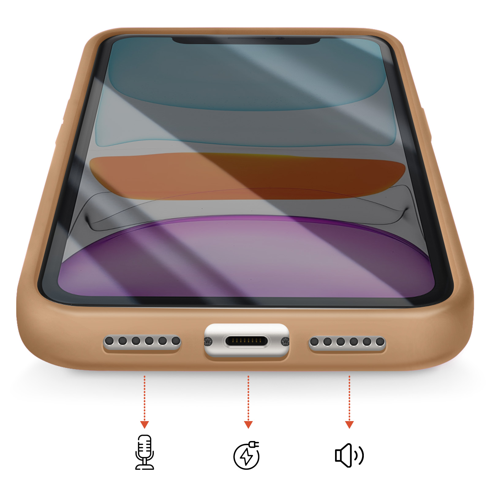 Coque iPhone beige montrant le port de charge, les icônes micro et haut-parleur.