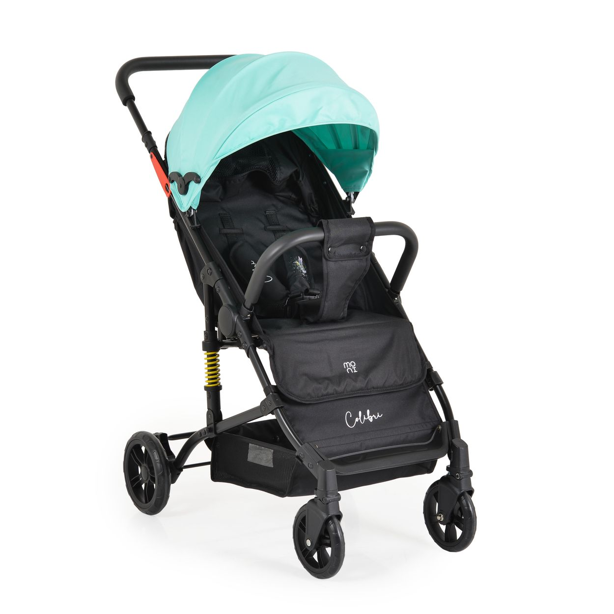 Ein schwarzer Kinderwagen mit einem mintgrünen Verdeck und einem gelben Stoßdämpfer.