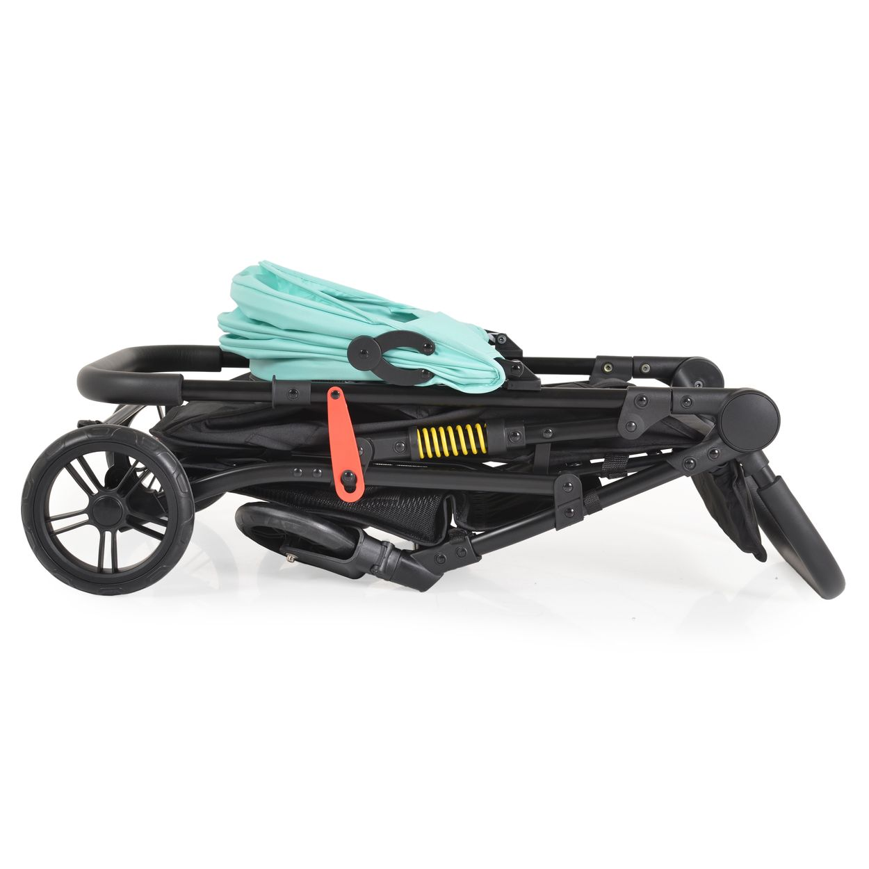 Ein zusammengeklappter türkisfarbener Kinderwagen mit schwarzem Rahmen und Rädern.