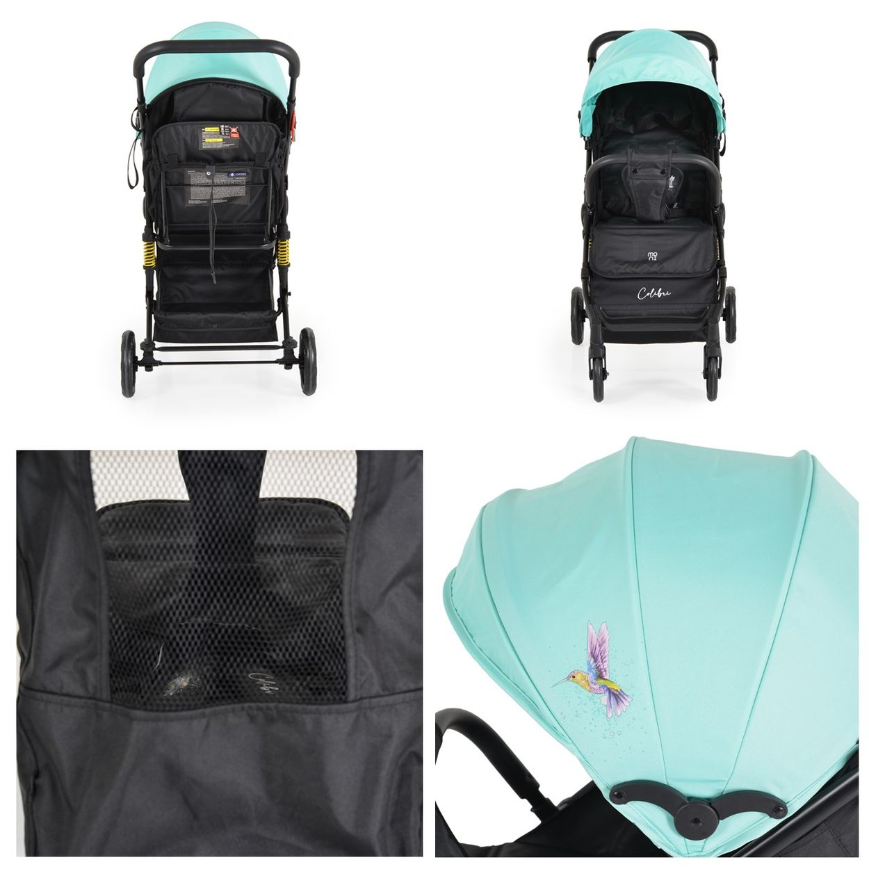Ein türkisfarbener Kinderwagen mit Kolibri-Aufdruck. Zeigt Vorder-, Rück- und Nahaufnahmen.