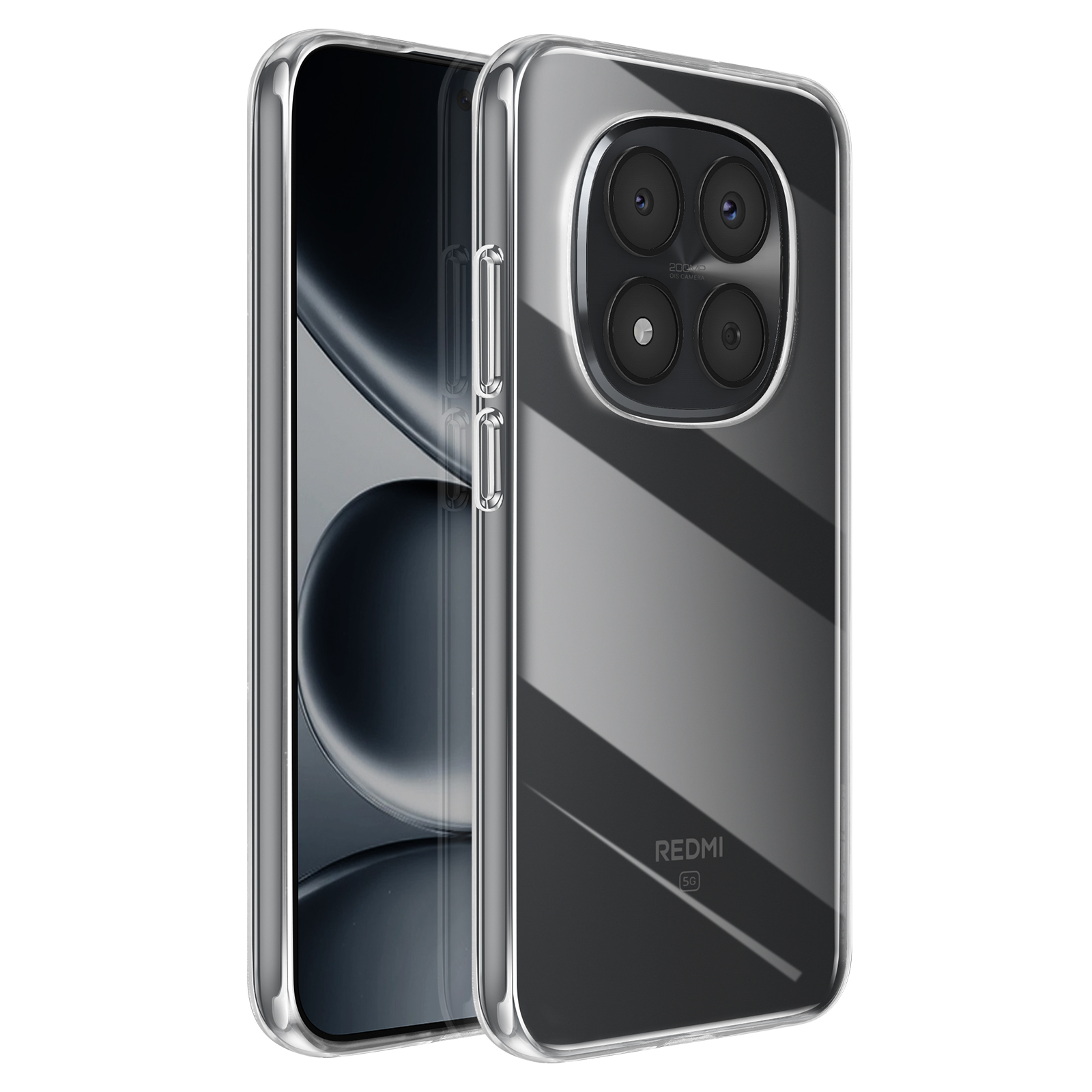 Ein durchsichtiges Handy-Case mit vier Kameras und dem Redmi 5G Logo.