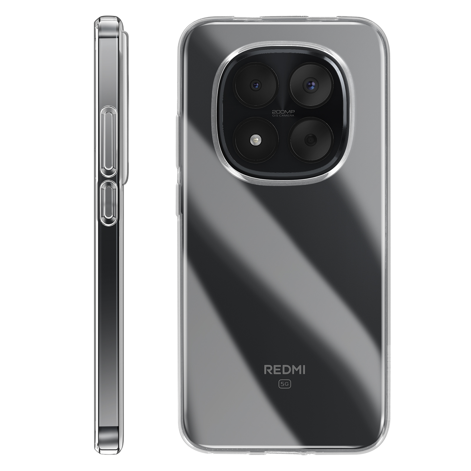 Transparente Hülle für ein Smartphone mit Kamerasystem und Redmi 5G.