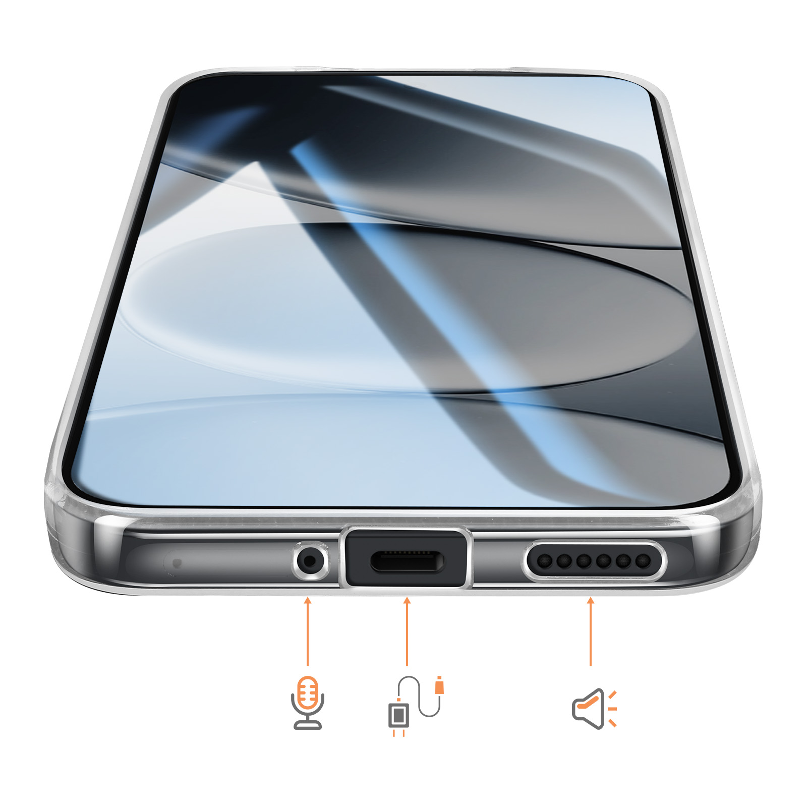 Ein Smartphone mit Anschlüssen: Kopfhörer, Ladeanschluss, Lautsprecher.