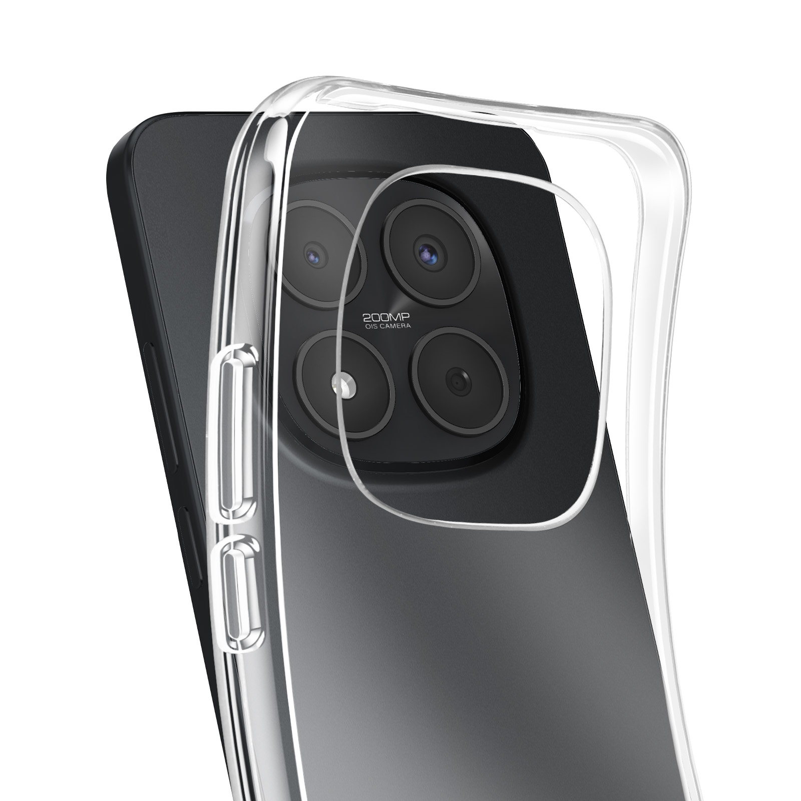 Ein transparentes Handyhülle über einem schwarzen Handy mit drei Kameralinsen.