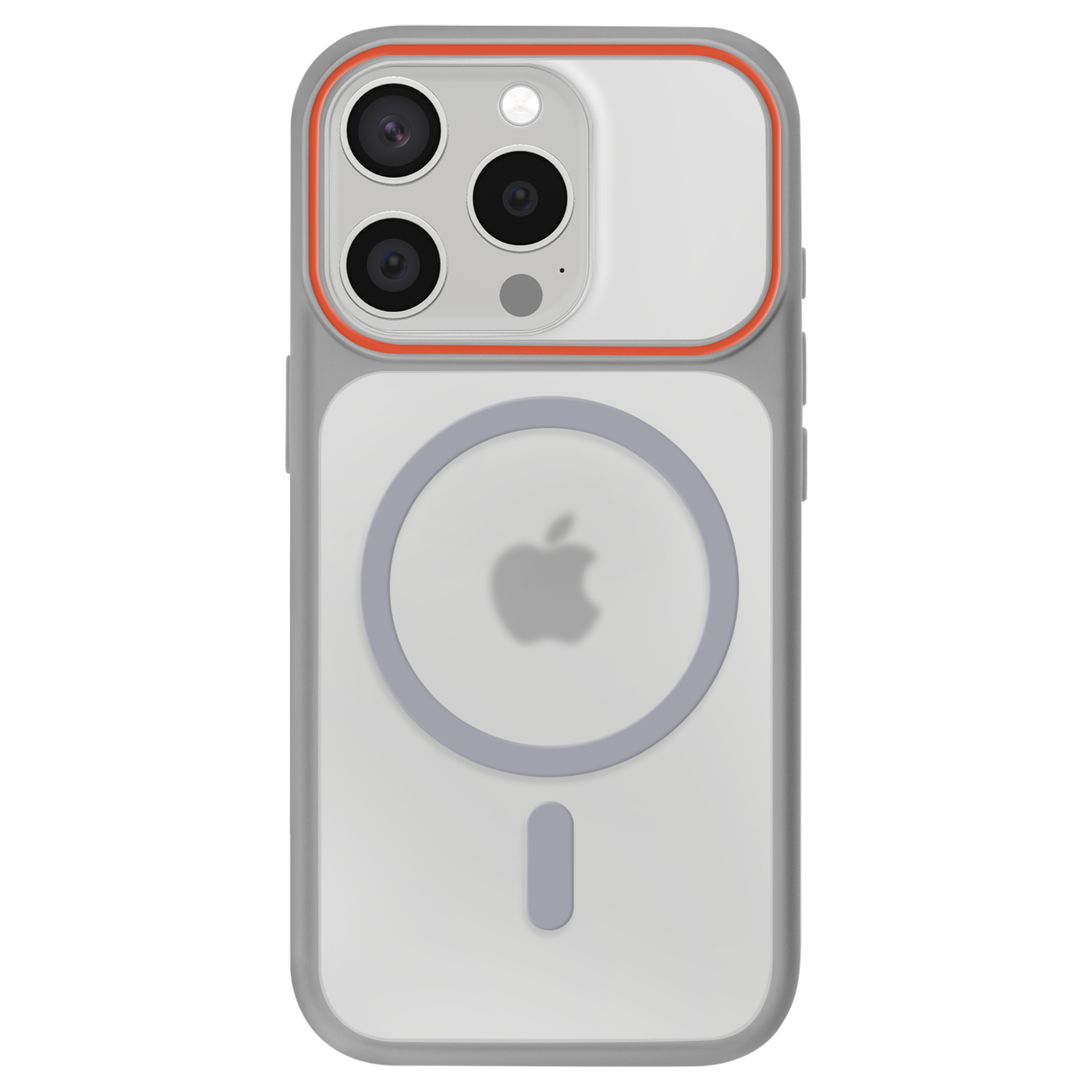 Coque grise avec contour orange, trois caméras et logo Apple.