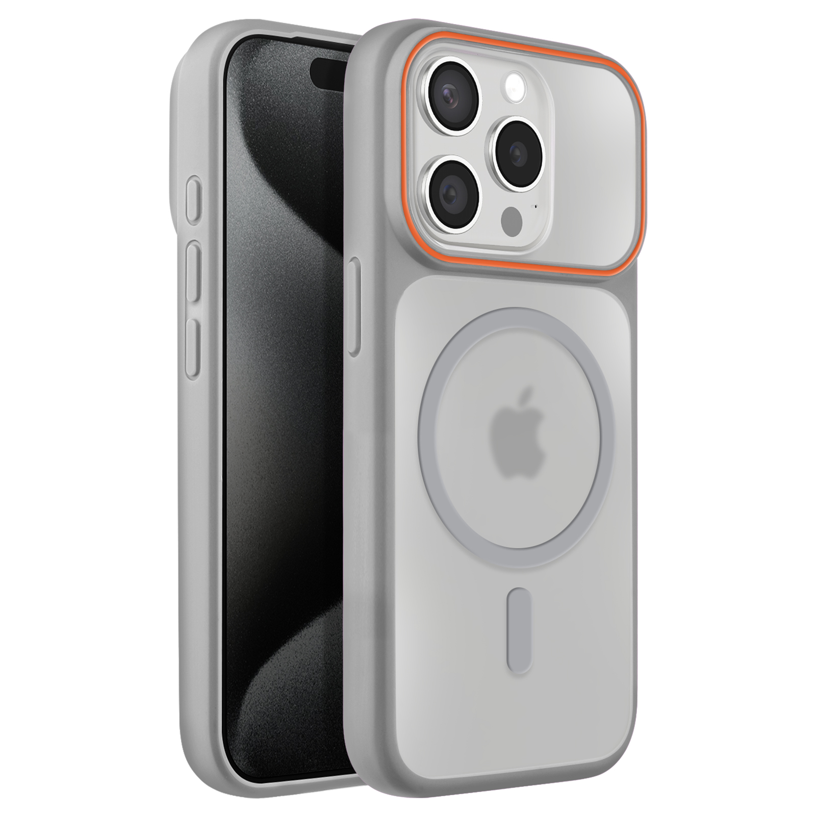 Un iPhone gris avec une coque transparente, un contour orange et trois objectifs.