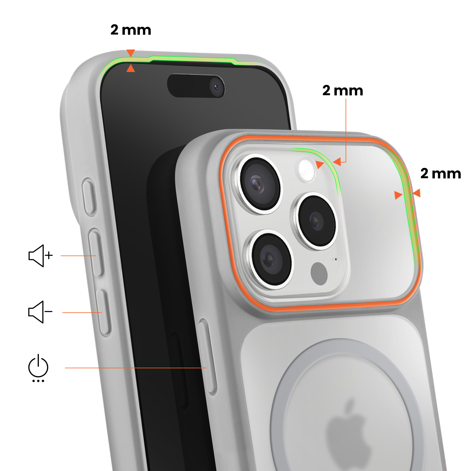 Coque de téléphone grise avec dos transparent montrant l'appareil photo et le logo Apple.