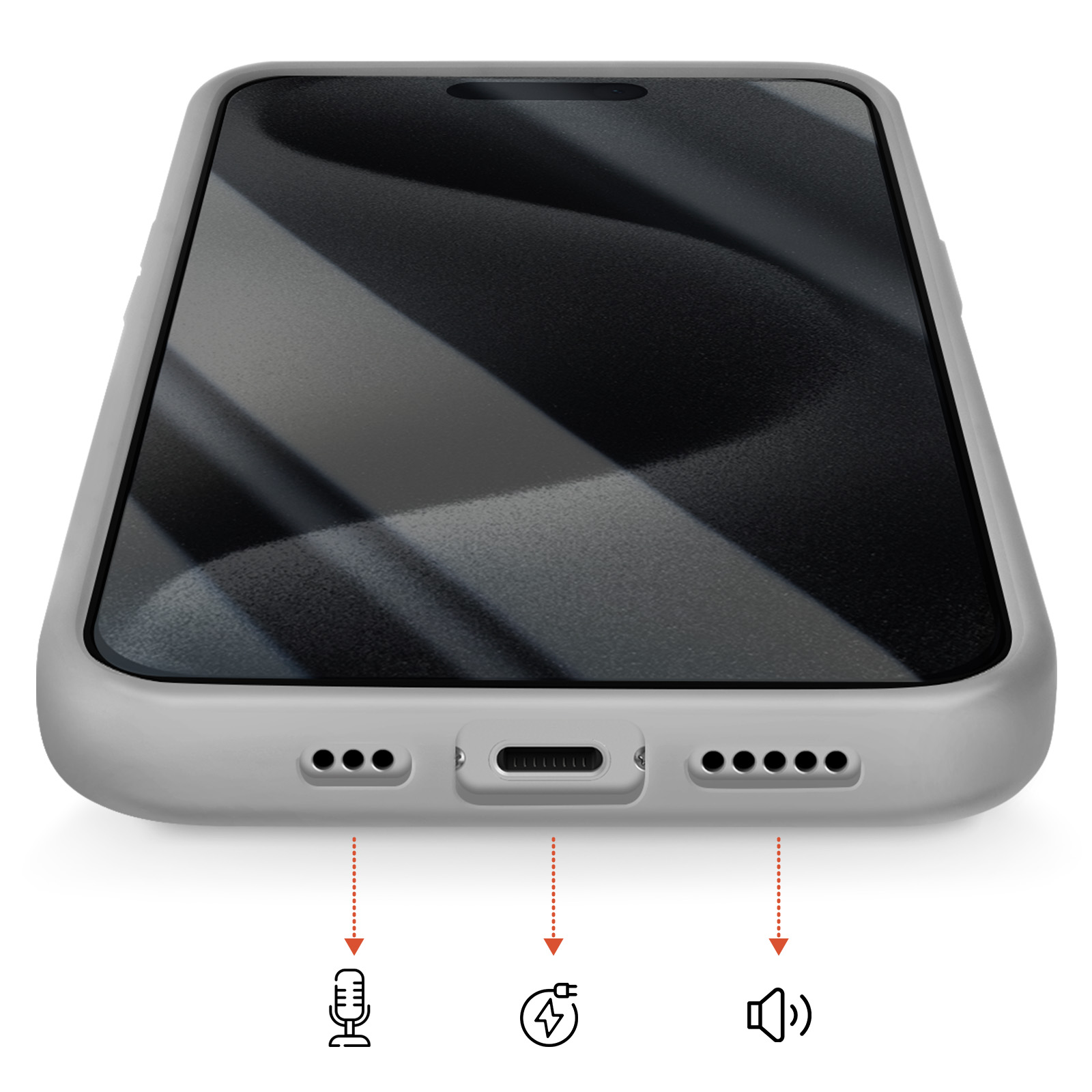 Vue inférieure d'un smartphone gris montrant le port de charge, le microphone et les haut-parleurs.