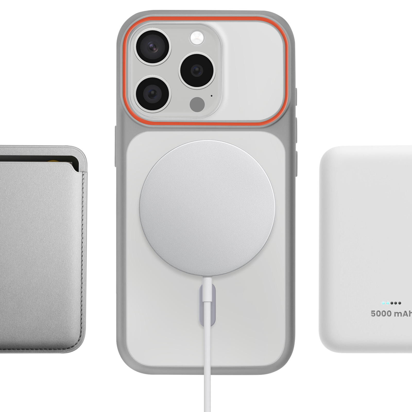 Un iPhone avec étui, chargeur sans fil et batterie externe.