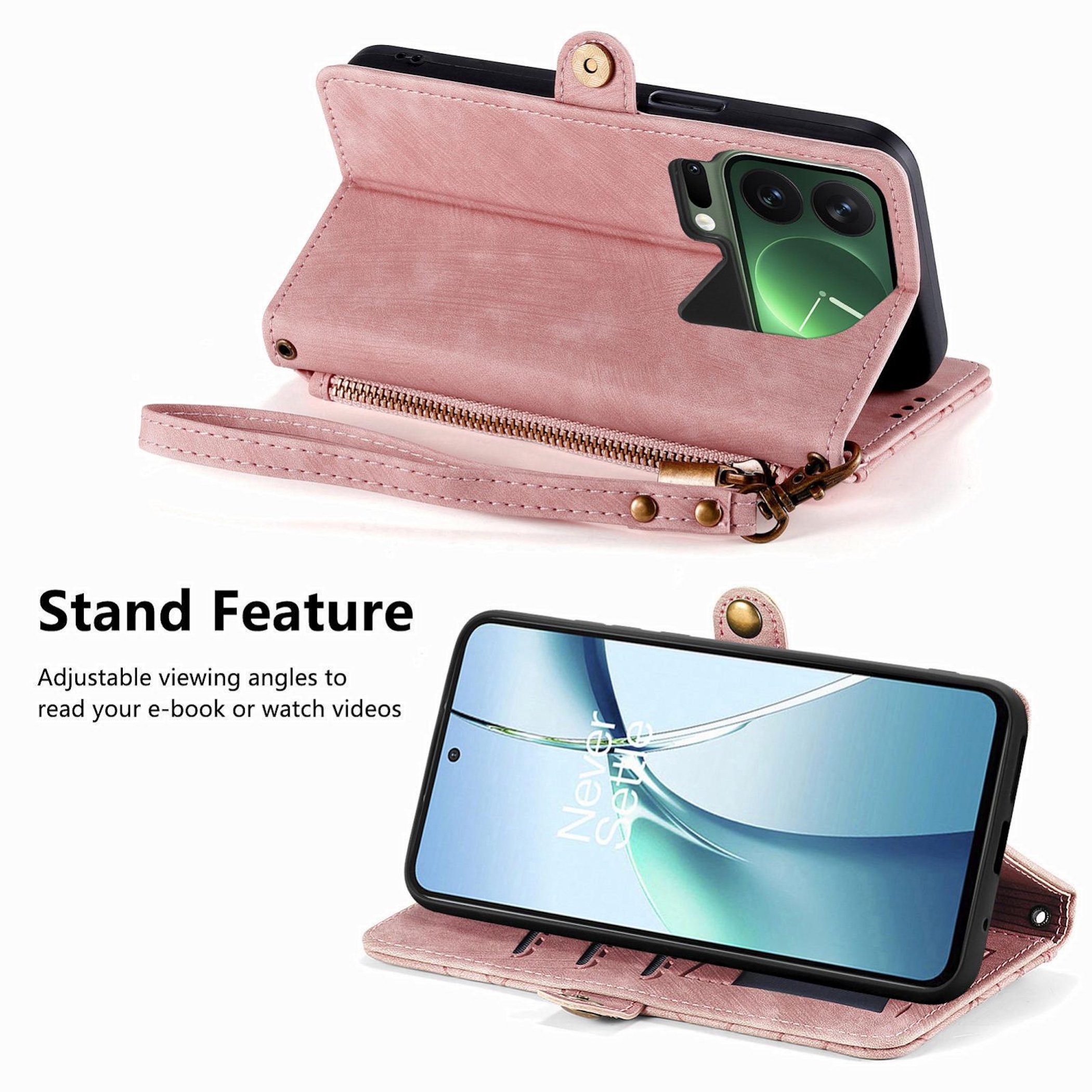 Rosa Handyhülle mit Ständerfunktion und Handgelenkschlaufe, zeigt ein Handy.