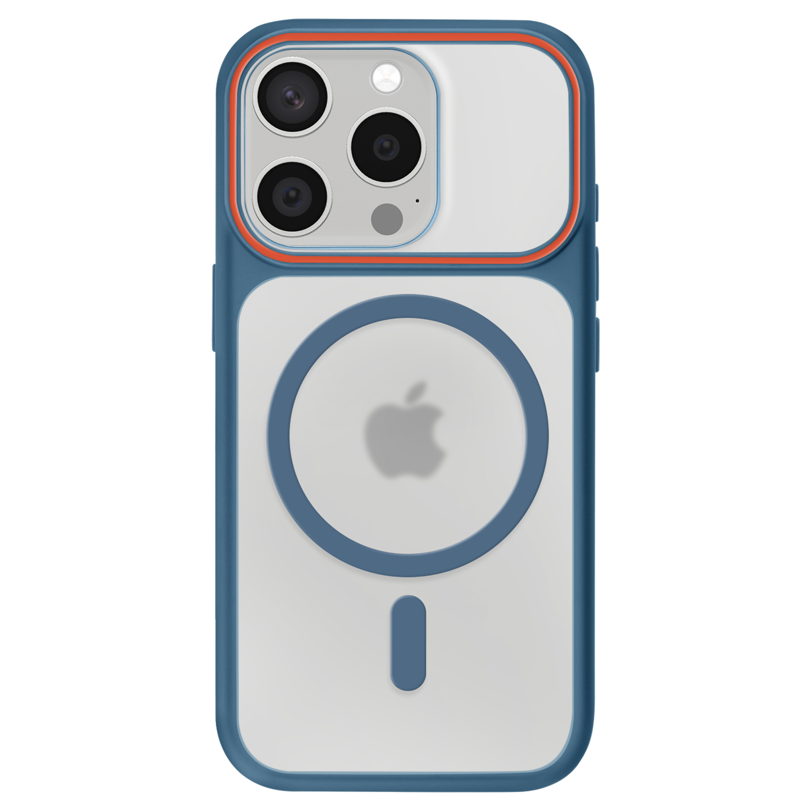 Custodia blu per iPhone con fotocamere e logo Apple.