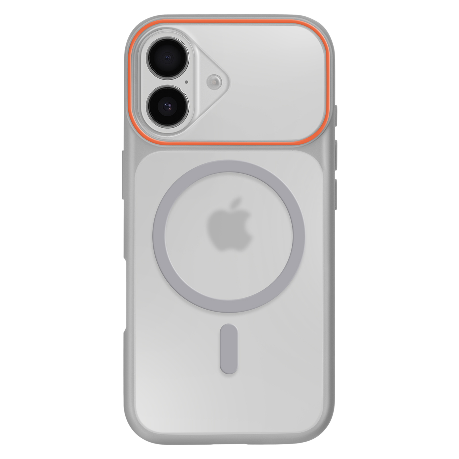 Grijze telefoonhoes met oranje rand en Apple-logo.