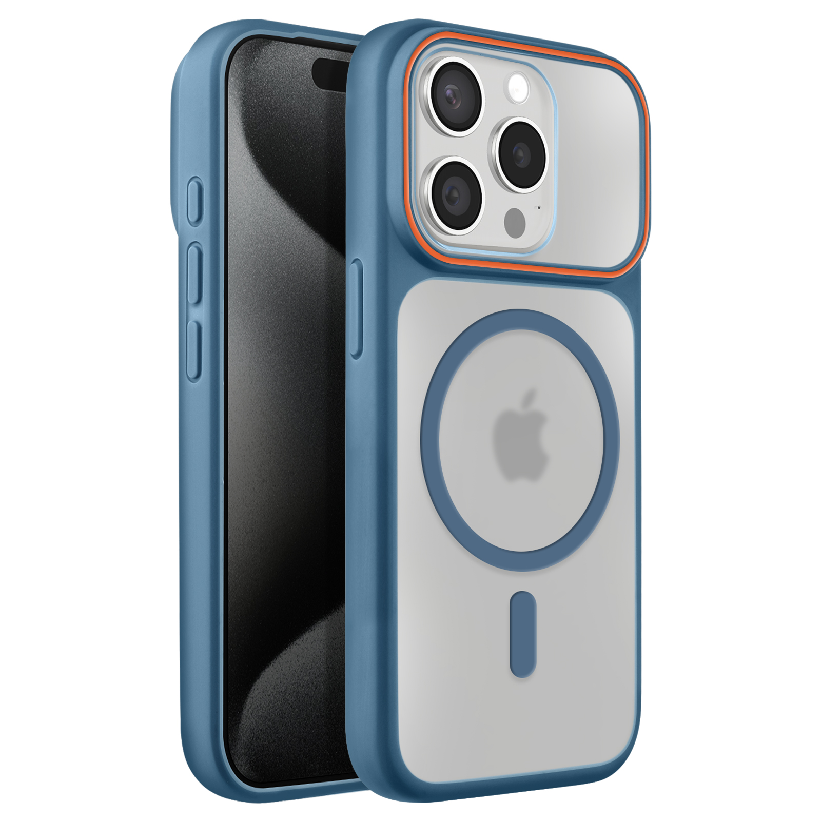 Una custodia blu per iPhone con anello MagSafe e retro trasparente.