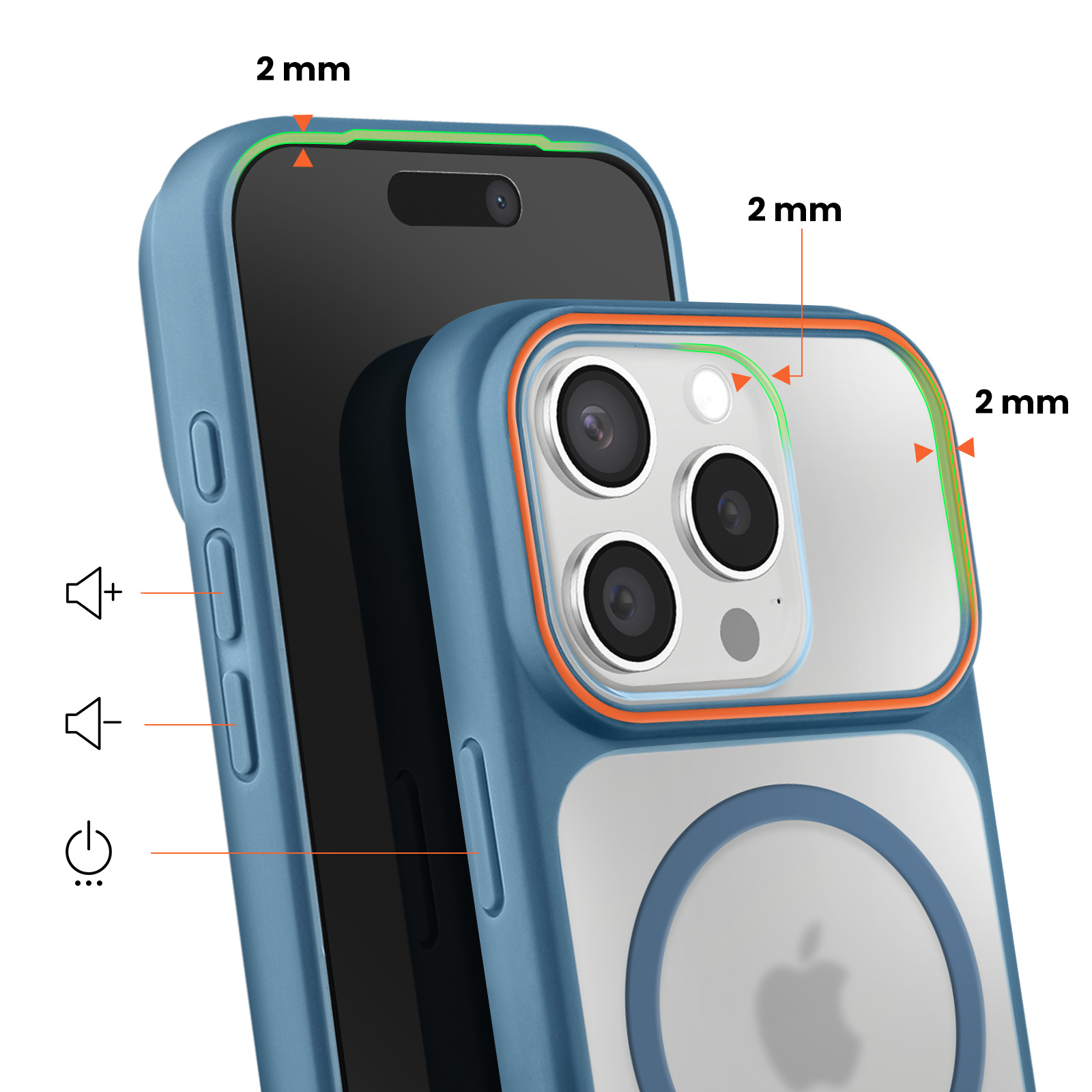 Custodia blu per telefono con retro trasparente, bordo 2 mm.